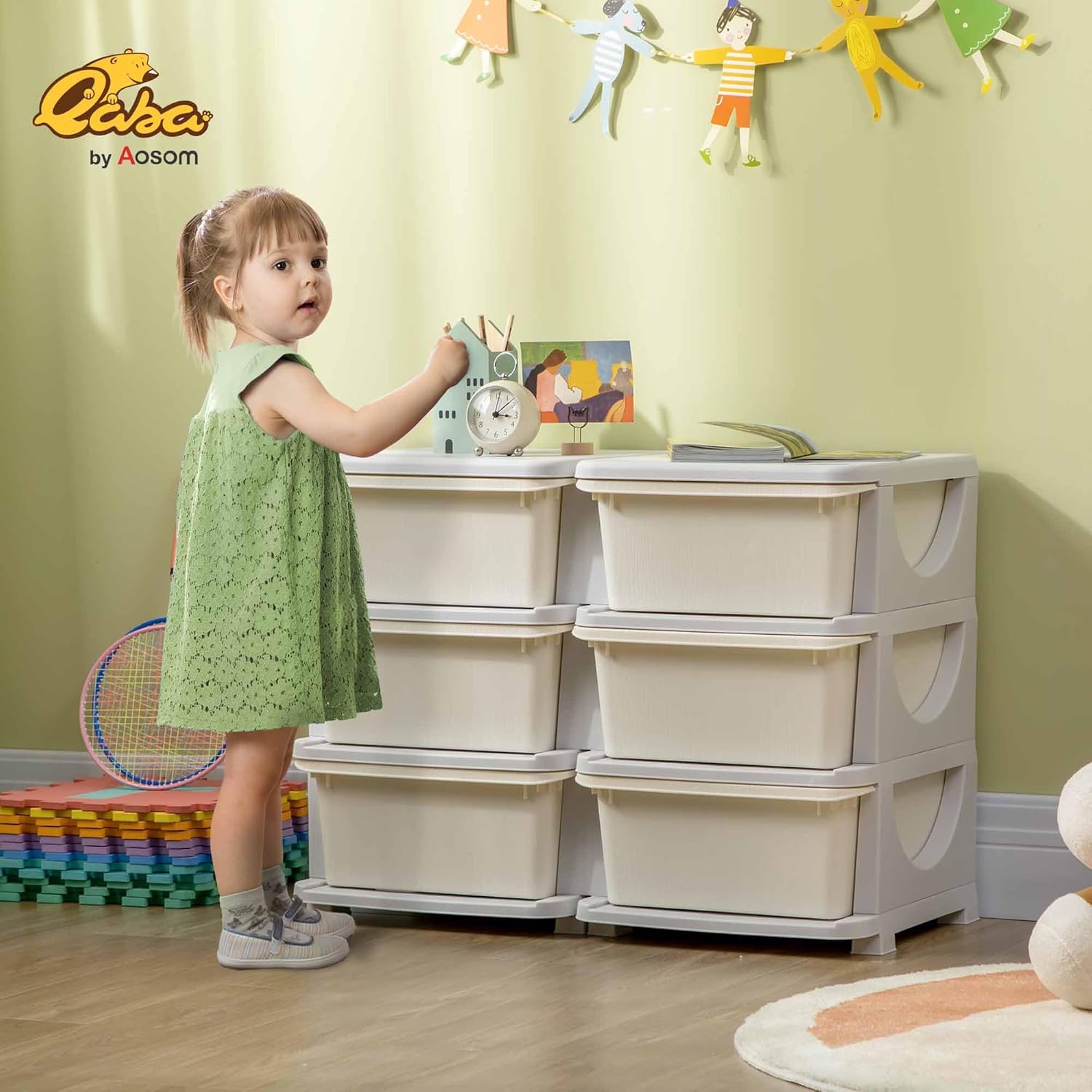 Qaba 3 Tier Kids Storage Unit, Toy Organizers and Storage with 6 Drawer Chest for Kids Bedroom Nursery Kindergarten Living Room for Boys Girls Toddlers, Cream White