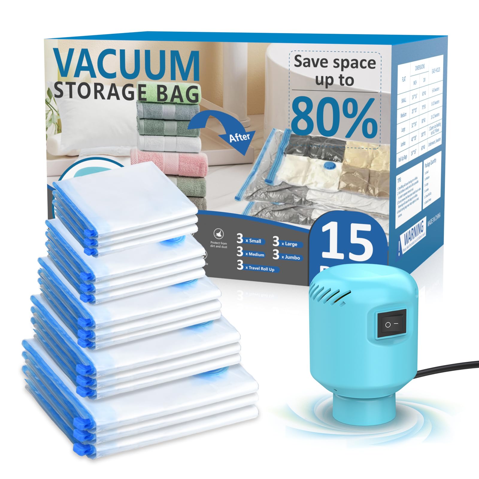 kissleaf 15 Pack Vacuum Sealer Bags for Clothes with Electric Air Pump, Vacuum Storage Bags for Clothes,Mattress, Blanket, Duvets, Pillows(3 Jumbo/3 Large/3 Medium/3 Small/3 Roll Up Bags)