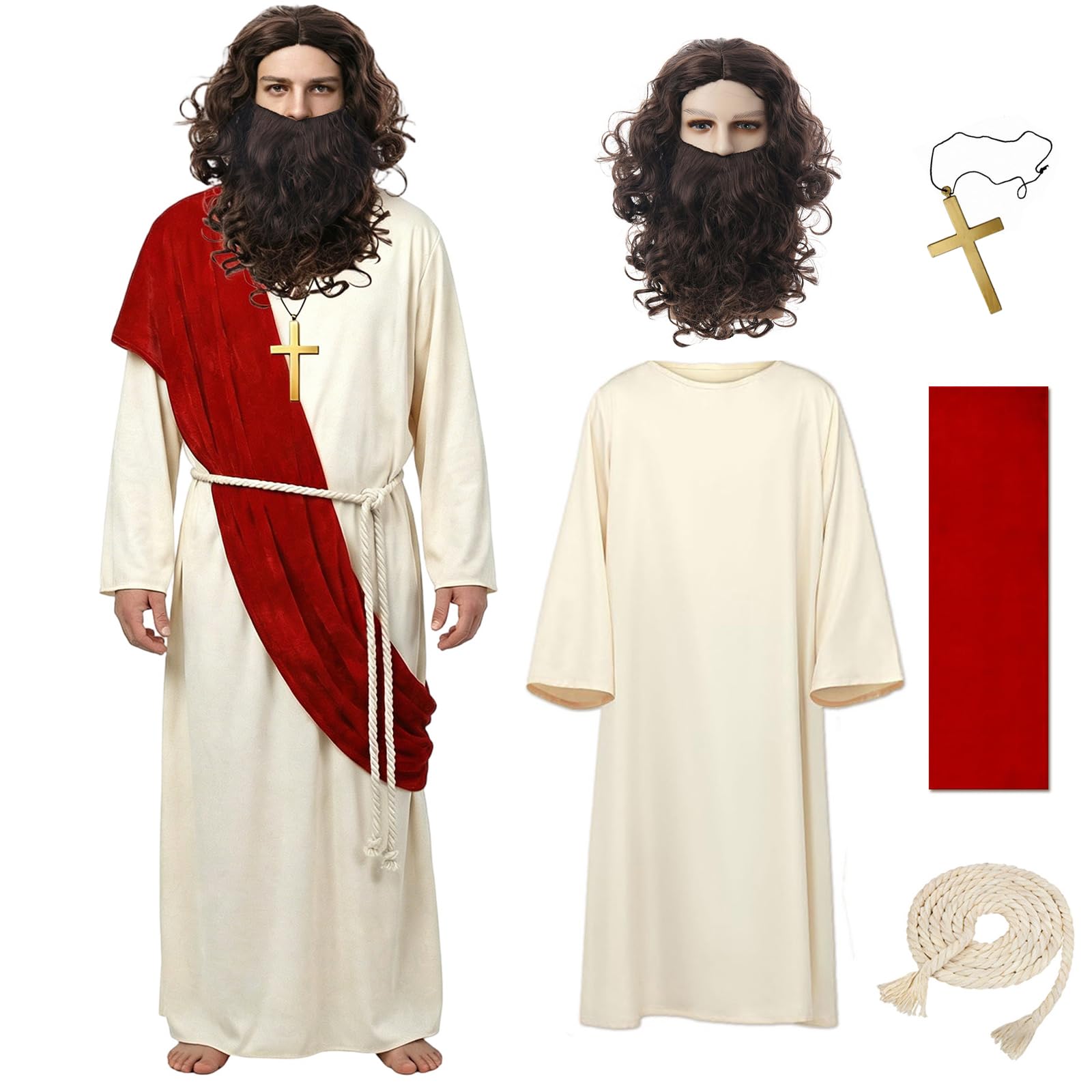 ZZXIAOJIE 5Pcs Jesus Costume Adult Biblical Robe Halloween Accessories