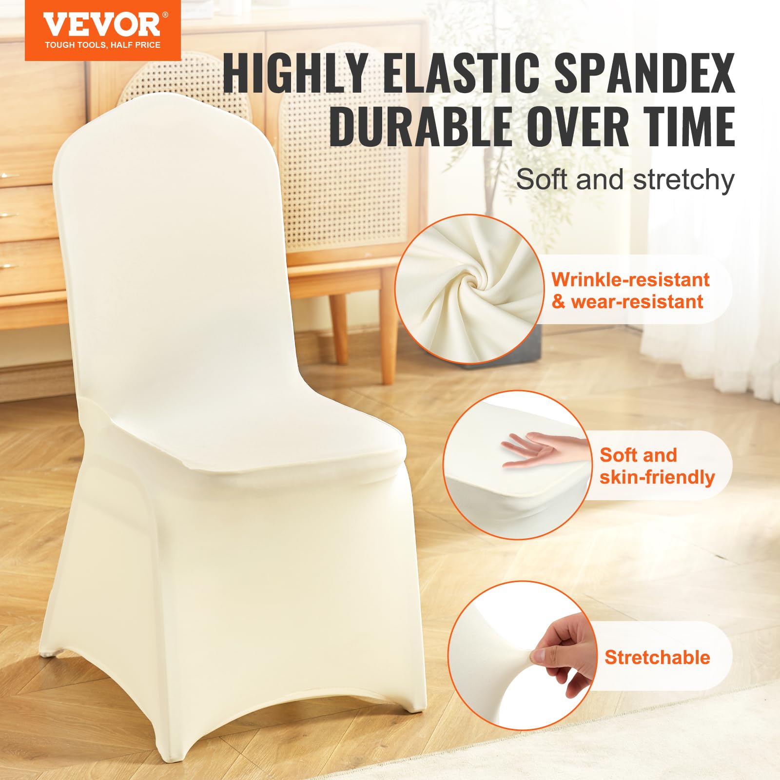 VEVOR Housses de Chaise Pliantes en élasthanne Extensible, 50 pcs, Housses de Protection Universelle, Amovibles et lavables, pour Mariage, Vacances, Banquet, célébration, Salle à Manger, Blanc Ivoire