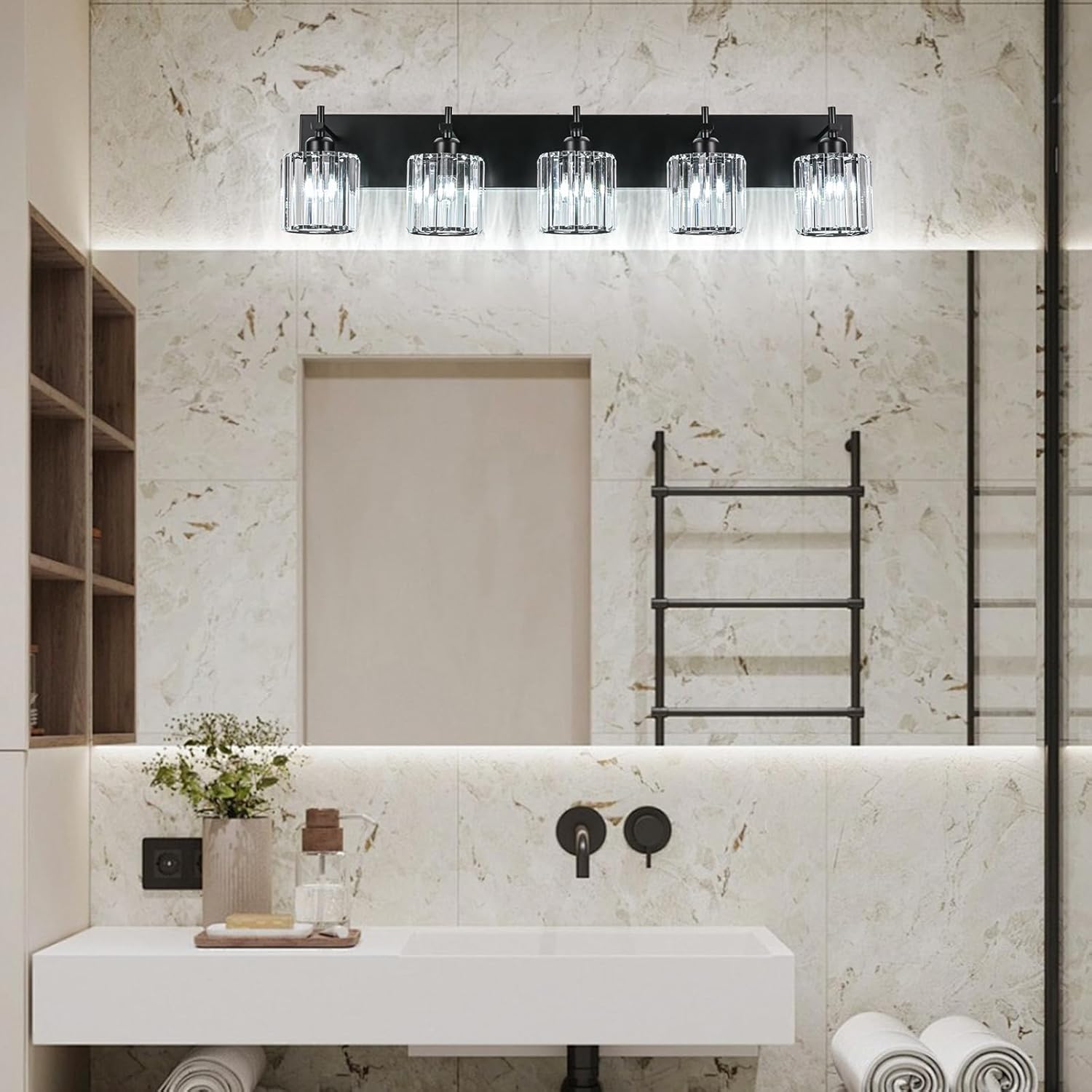 Condition photo showing New/Like New for black crystal bathroom vanity lights, modern 5-lights bathroom lighting fixtures over mirror, crystal wall lighting with round shade black-round shade 5-light