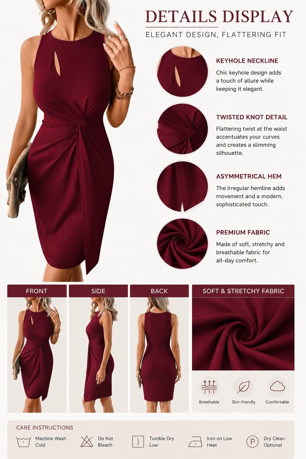 Vestiti Estivi Donna Abiti Midi Aderenti da Donna Eleganti Abiti Senza Maniche con Scollo Rotondo E Ritagli Abito A Tubino al Ginocchio con Nodo Frontale E Spacco Laterale Formale per Uff