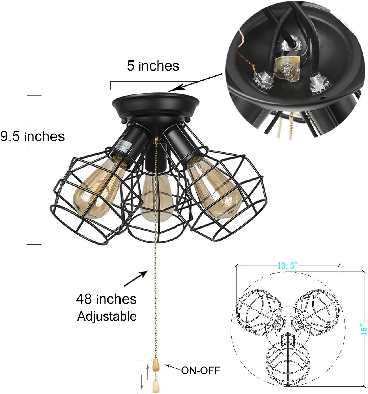 LALUZ Farmhouse Semi Flush Mount Ceiling Light Fixture, 3-Light Oil Black Pull String Industrial Cage Ceiling Light Fixture for Bedroom, Hallway, Kitchen, Dining & Living Room, Foyer and Bathroom