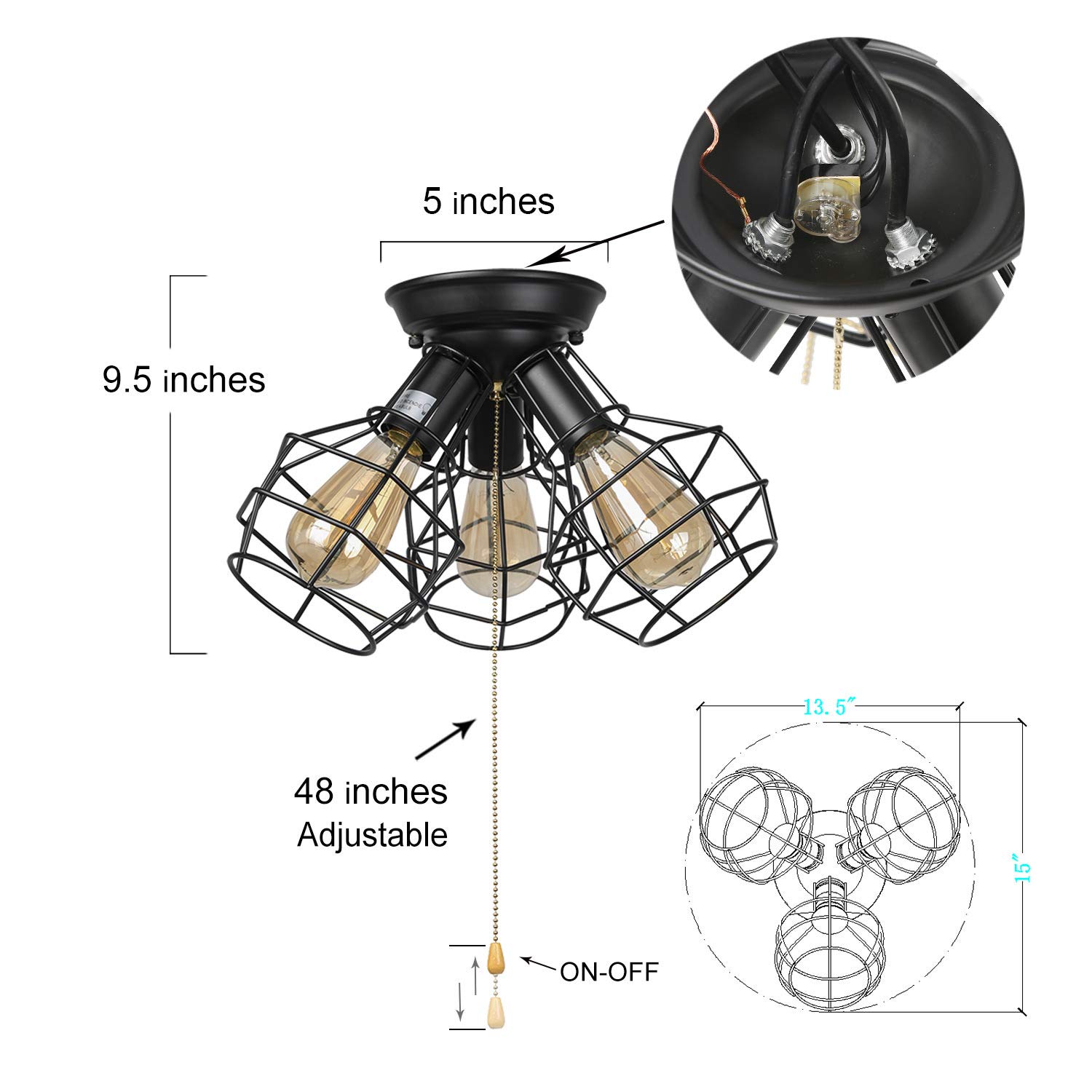 LA LUZ Ceiling Light Fixture, Pull String Light Fixture for Bedroom
