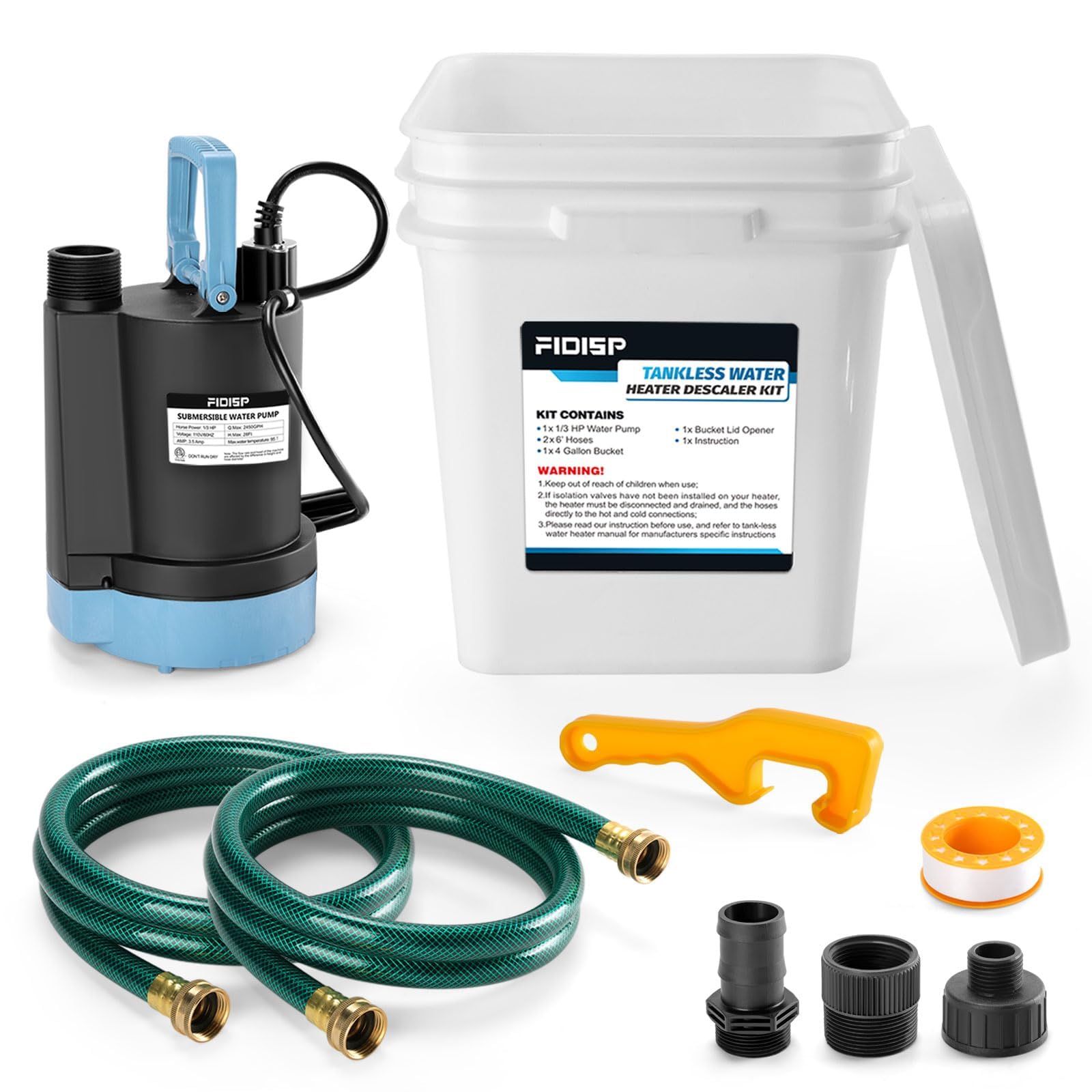 Tankless Water Heater Flushing Kit with 1/3HP Sump Water Pump, 4 Gallon Bucket, Bucket Lid Opener, 2PCS 3/4’’GHT x 6’ Hoses, Easy Install and Use Tankless Water Heater Descaling Kit
