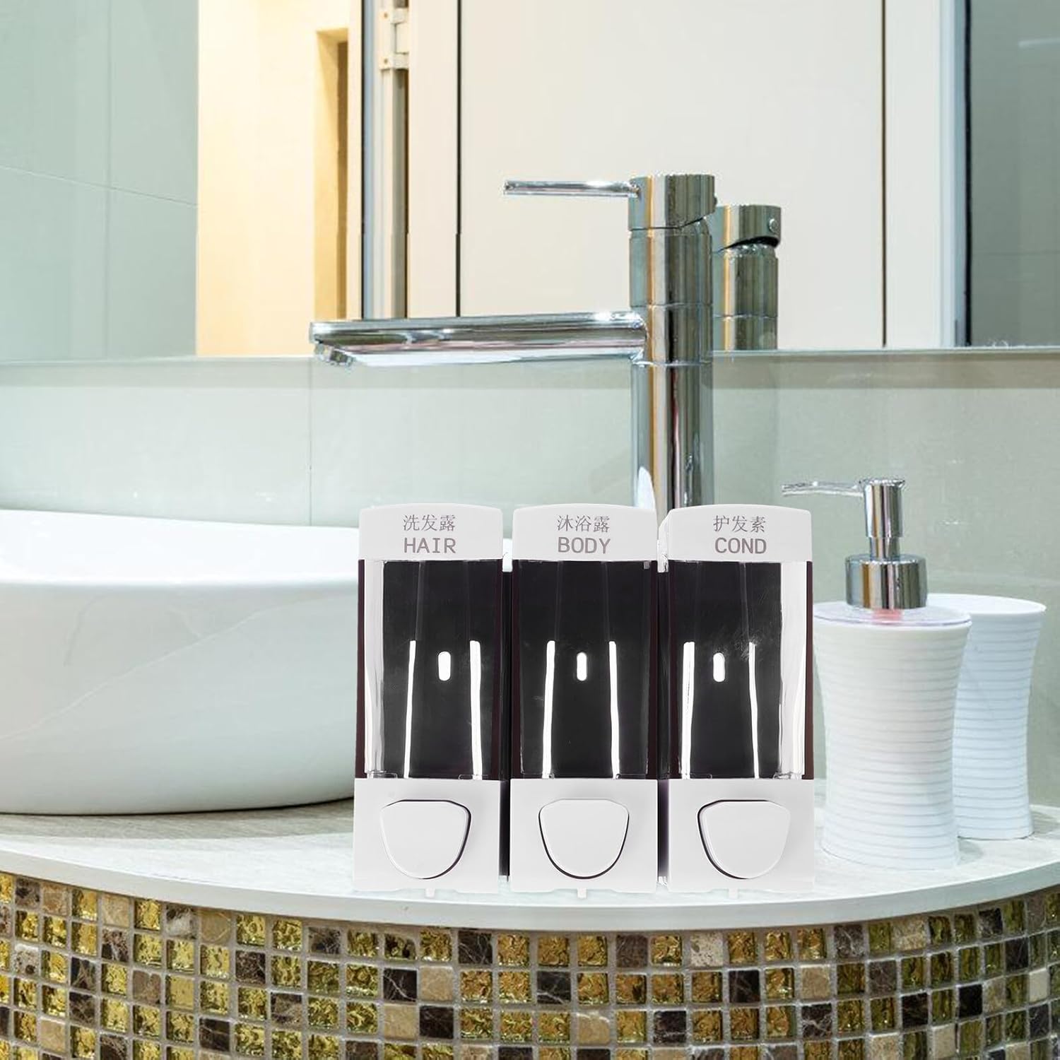 3-Chamber Wall Mount Shampoo Body Wash Dispenser No Drill Installation White Plastic Shower Liquid Soap Holder for Bathroom and Travel