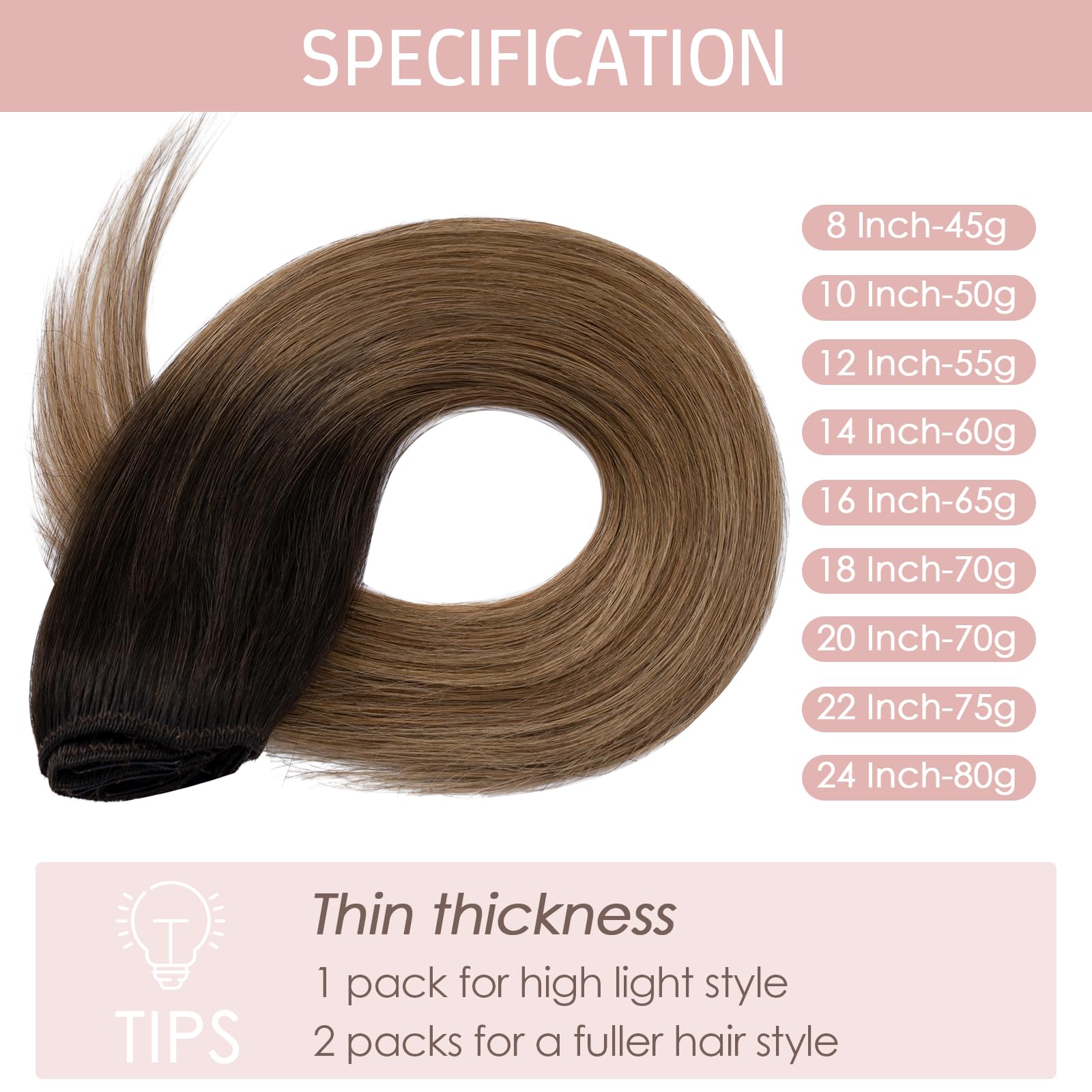 Silk-co Clip in Hair Extensions Real Human Hair 100% Remy Silky Soft Straight Hair Extension #2/6 Dark Brown Ombre Light Brown Basic Thickness-Thin Weft 8 PCS 16inch-65g - Image 2