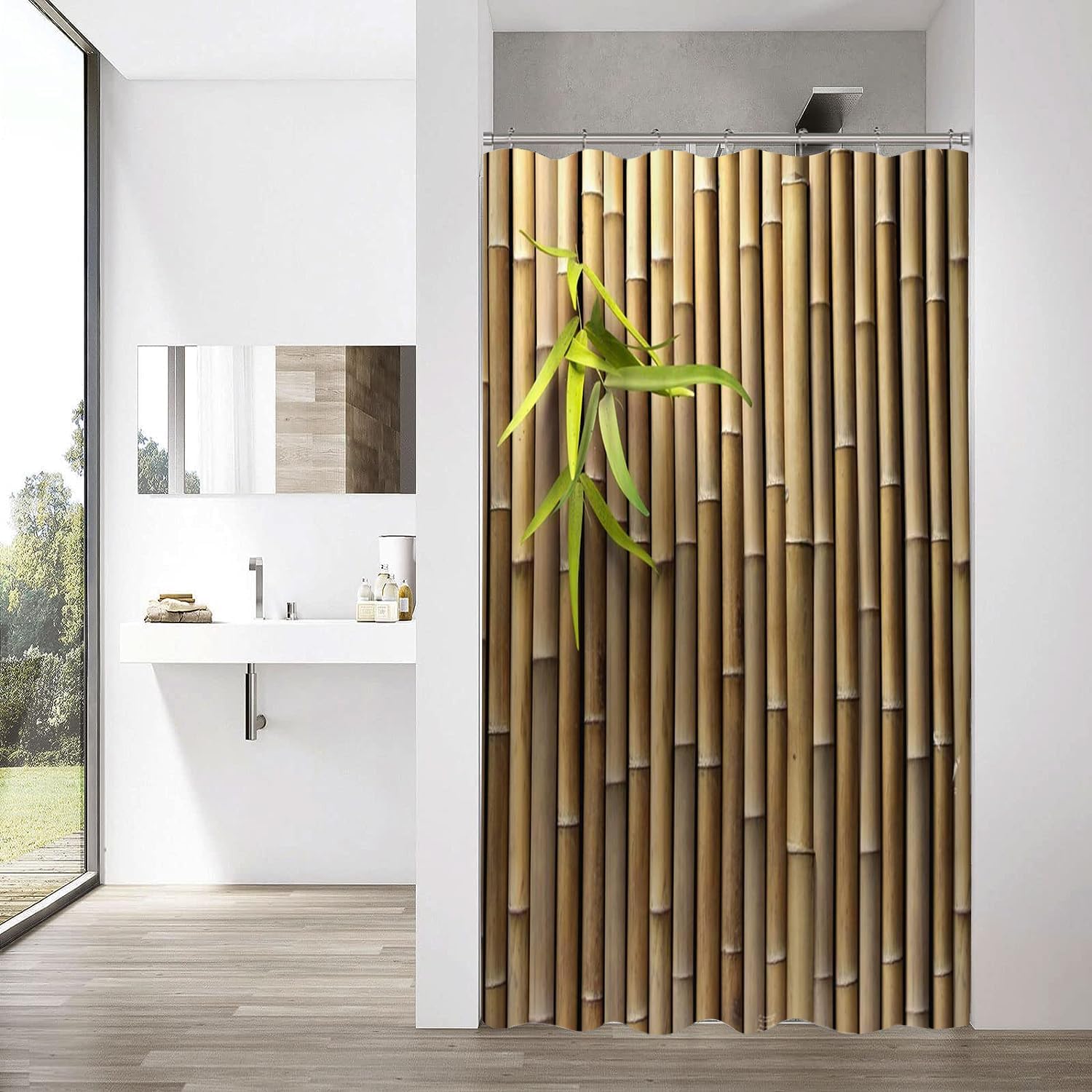 Bamboo 3D Printed Outdoor Shower Curtain Zen Japanese Nature Fabric Shower Curtains Sets Bathroom Decor with Hooks Waterproof Washable 71 x 78 inches Brown Green