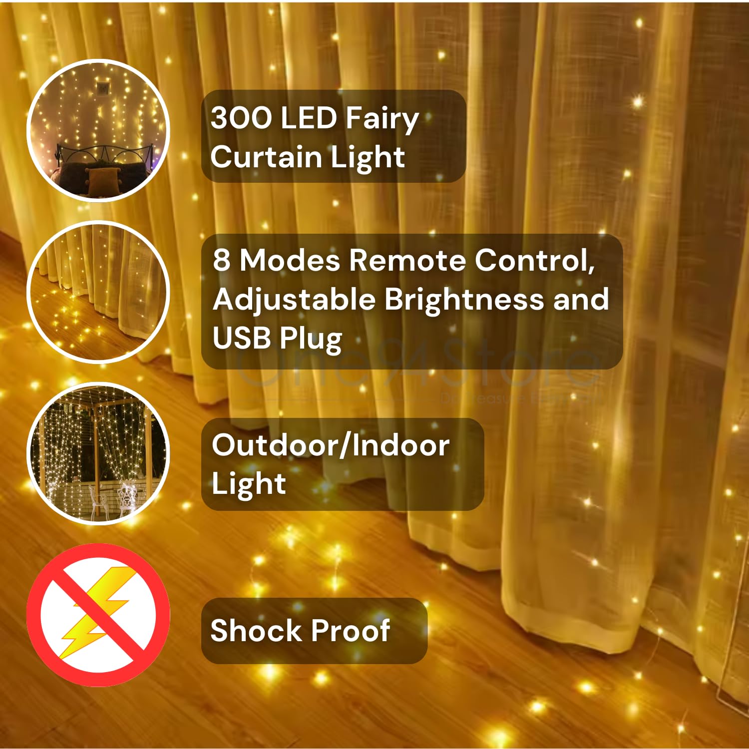 Fairy Curtain Lights - 300 LED Warm White -4