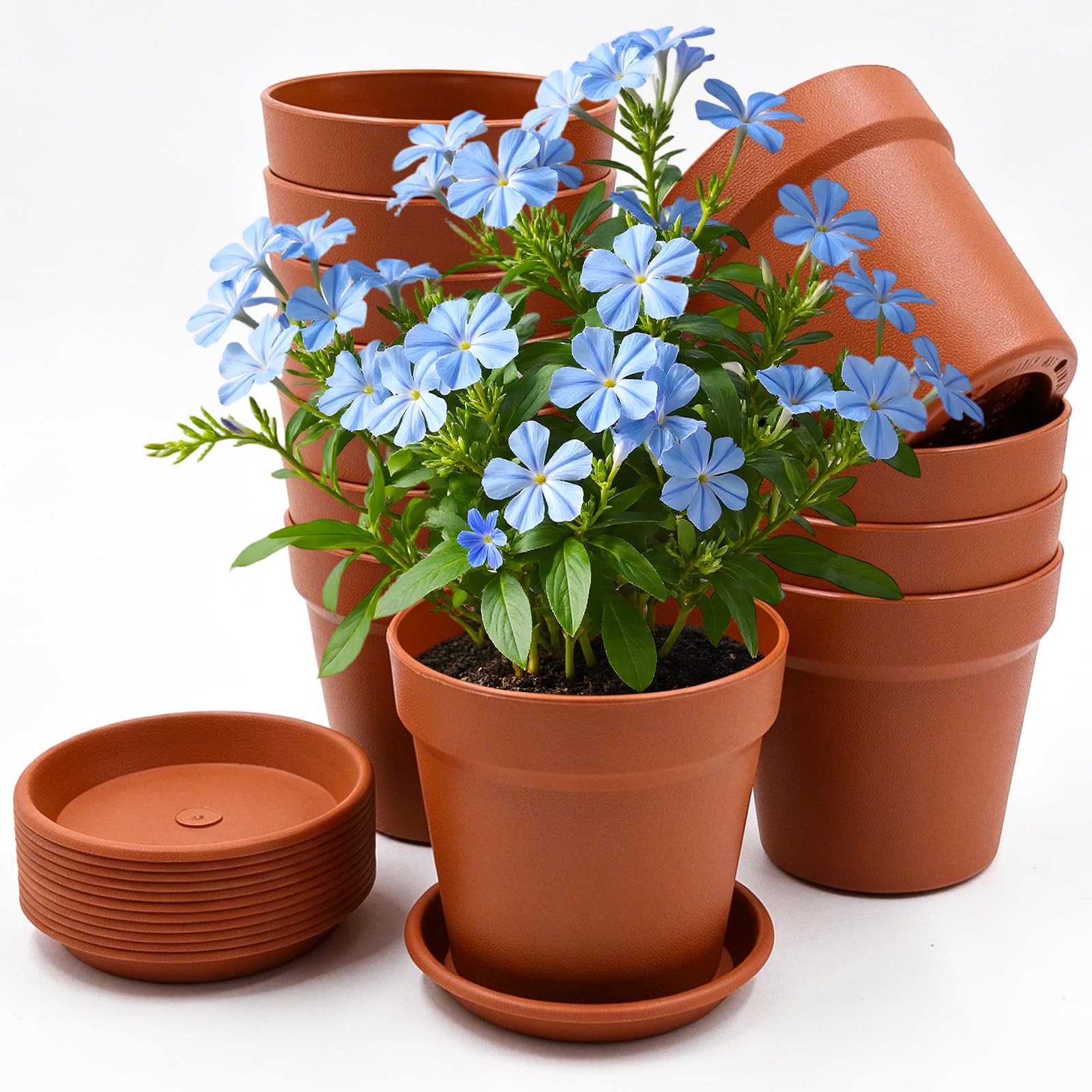 AMJKEJI 12 Pcs Small Plant Pots Plastic Flower Pot 10cm Seedling Pots with Drainage Hole and Tray for Flowers, Succulent, Cactus, Cuttings, Indoors Outdoors Plants, Terracotta