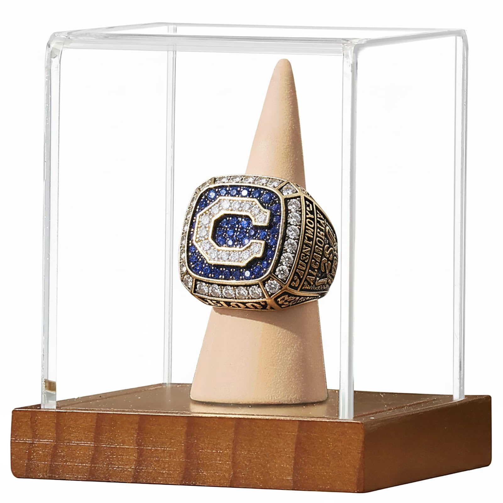JupDec Championship Ring Display Case, Clear Acrylic Single Ring Holder with Wood Stand Base for Sports Basketball Baseball Fan Souvenirs Military, UV Protection