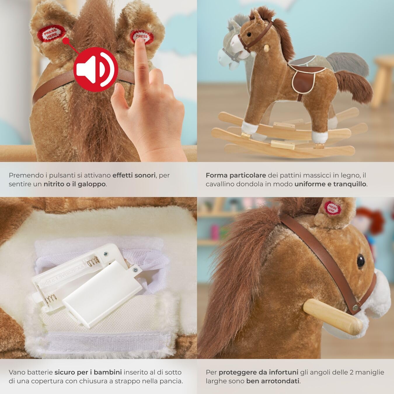 tectake® Cavallo a Dondolo per Bambini dai 24 Mesi, Cavalluccio Marrone Dondolo Neonati in Peluche Morbido, Struttura in Acciaio, Cintura di Sicurezza, con Suoni, Maniglie Poggiapiedi in Legno