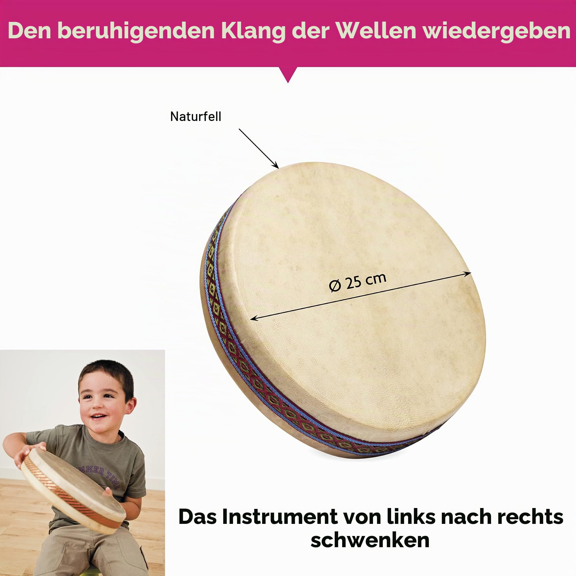 FUZEAU - 70625 - Ocean Drum - Ocean Drum - Trommel mit Naturhaut Ø 25 cm - Imitiert den Klang des Meeres - Entspannung - Musiktherapie - Naturambiente - ab 5 Jahren, Beige (Assorted)