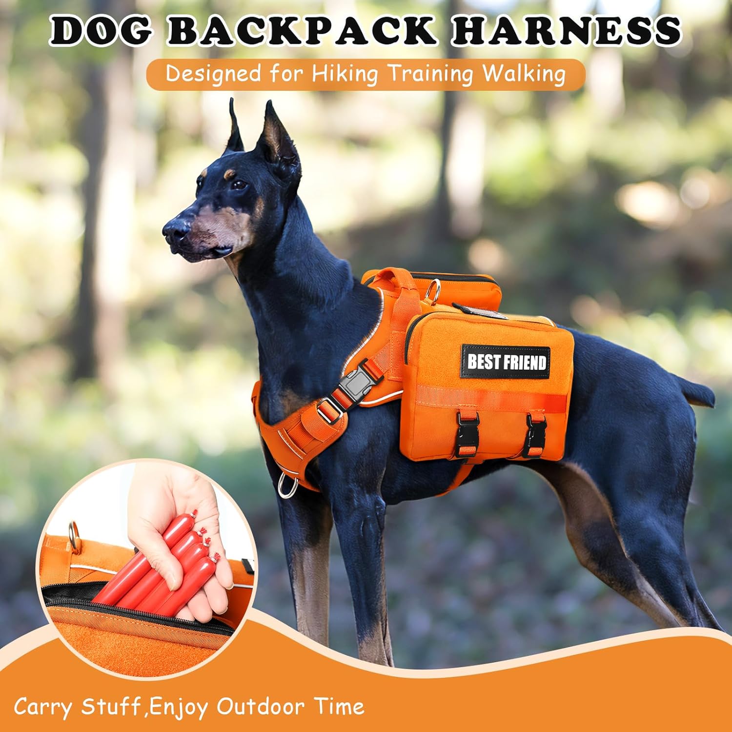 Dog Backpack Harness and Leash Set for Large Dogs,Removable Side Pockets Dog Vest with Handle&No Pull Metal Clips for Hiking Training Walking Hunting Orange L