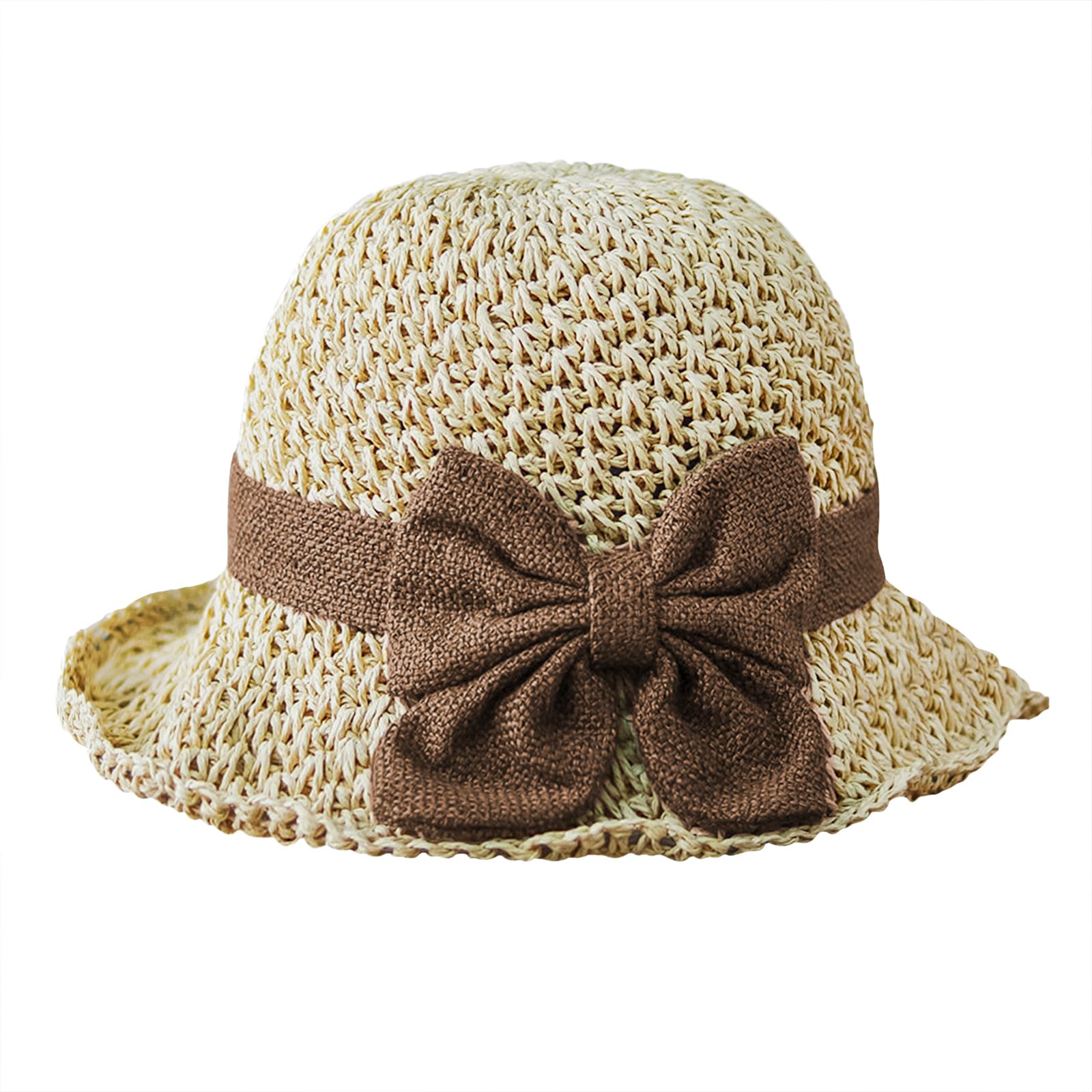 Lovely Women Sun Hat Soft Straw Hat Cap with Bowknot Foldable UV Protection Bucket Hat Beach Hat Fisherman Hat Ladies Beige