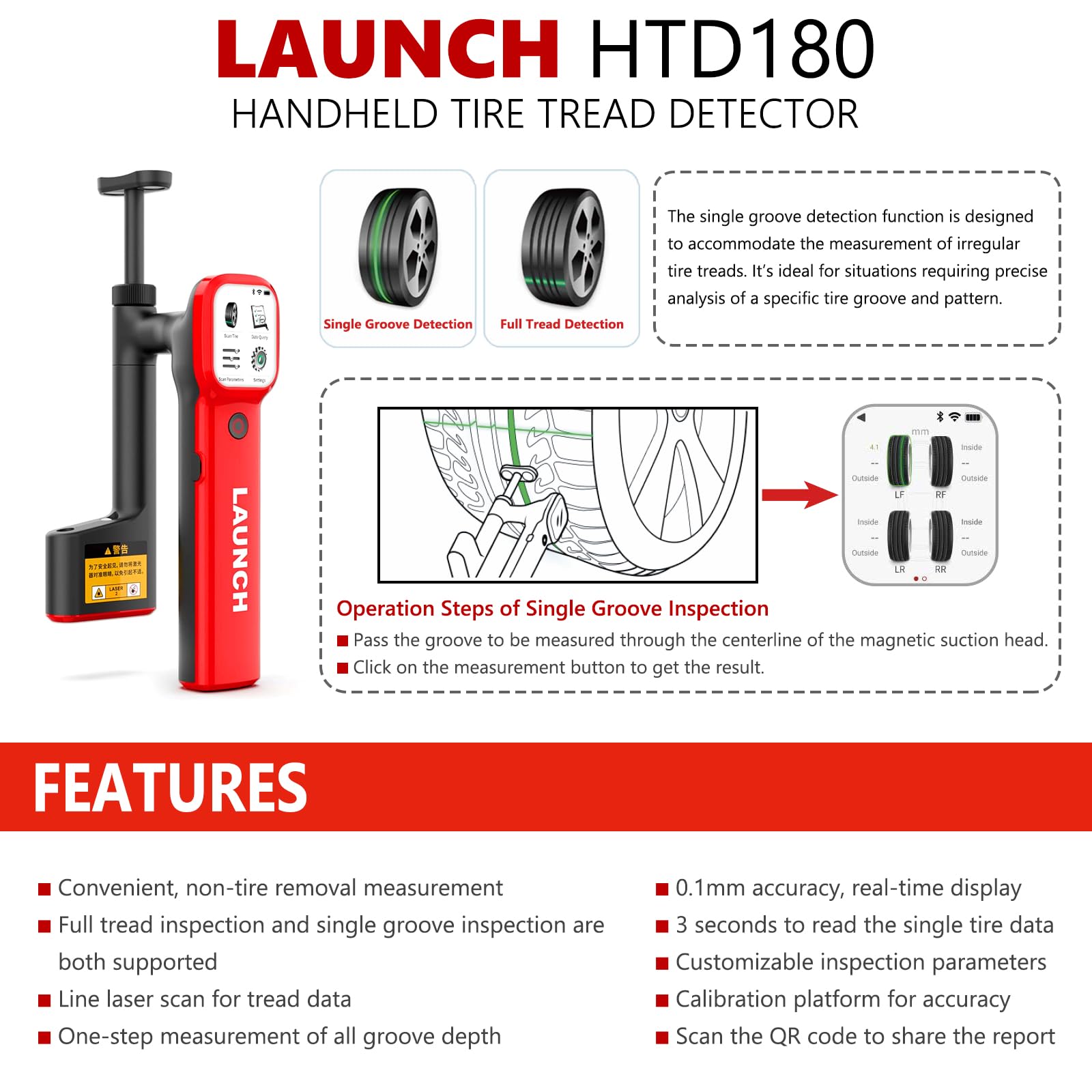Amazon.com: LAUNCH X-431 HTD180 Handheld Laser Tire Tread Depth