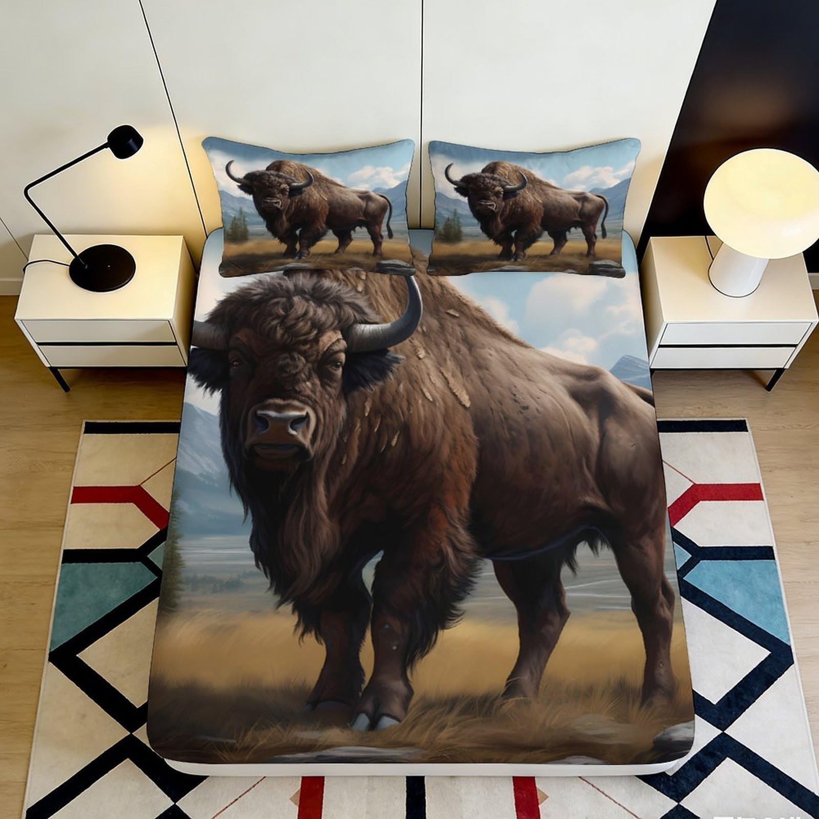 Pnayamiorkfel Style-2 3D Printed Wild Bison Fitted Sheet Microfiber Soft Animal Prairie Mattress Cover For Bedroom Dorm Apartment Decor 90X200x25cm