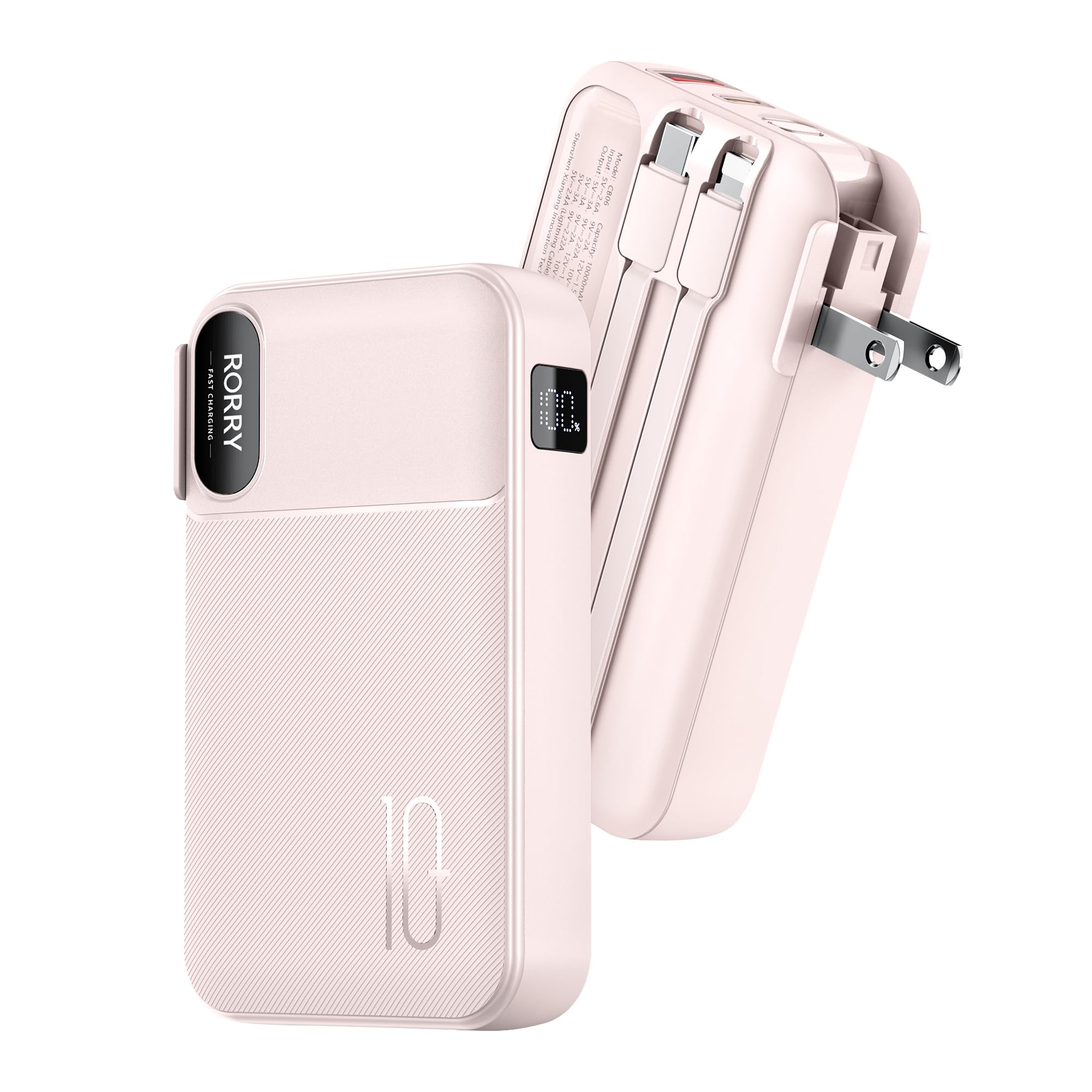 RORRY Portable Charger Built in Cables AC Wall Plug in Portable Charger Power Bank 10000mAh Travel Battery Pack