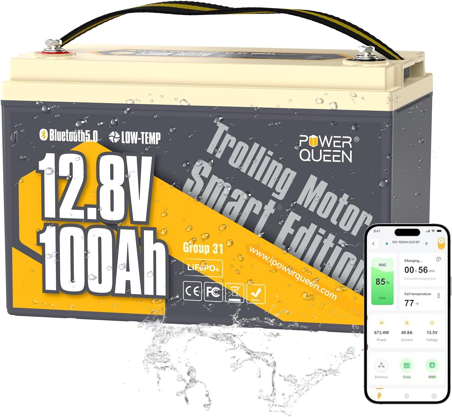 LiFePO4 Battery 12V 100Ah Bluetooth Group31 Deep Cycle Battery, Max. Output Power 1280W, 100A BMS with Low-Temp Cut-off Protection for RV, Trolling Motors, Solar System