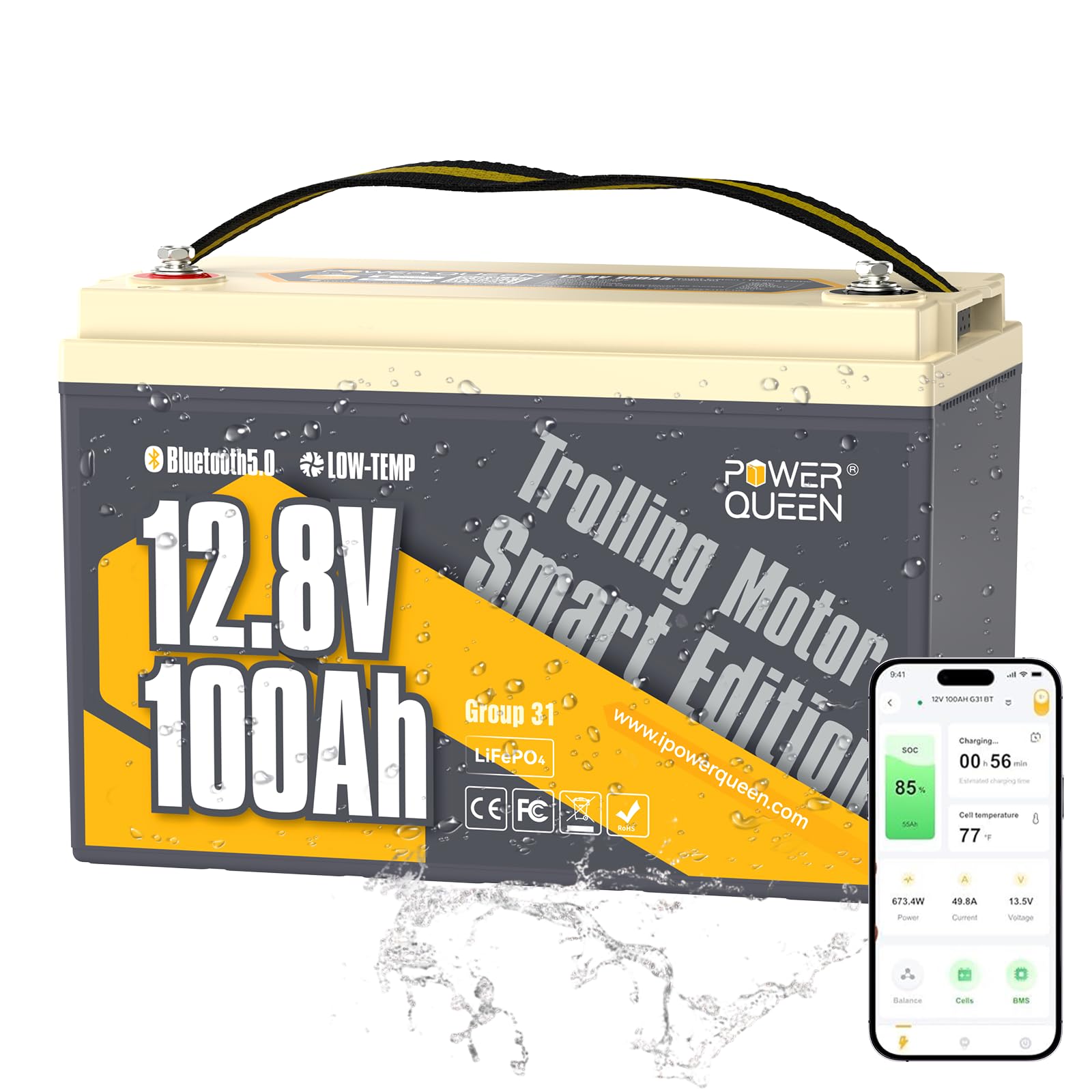 Power Queen LiFePO4 Battery 12V 100Ah Bluetooth Group31 Deep Cycle Battery, Max. Output Power 1280W, 100A BMS with Low-Temp Cut-off Protection for RV,