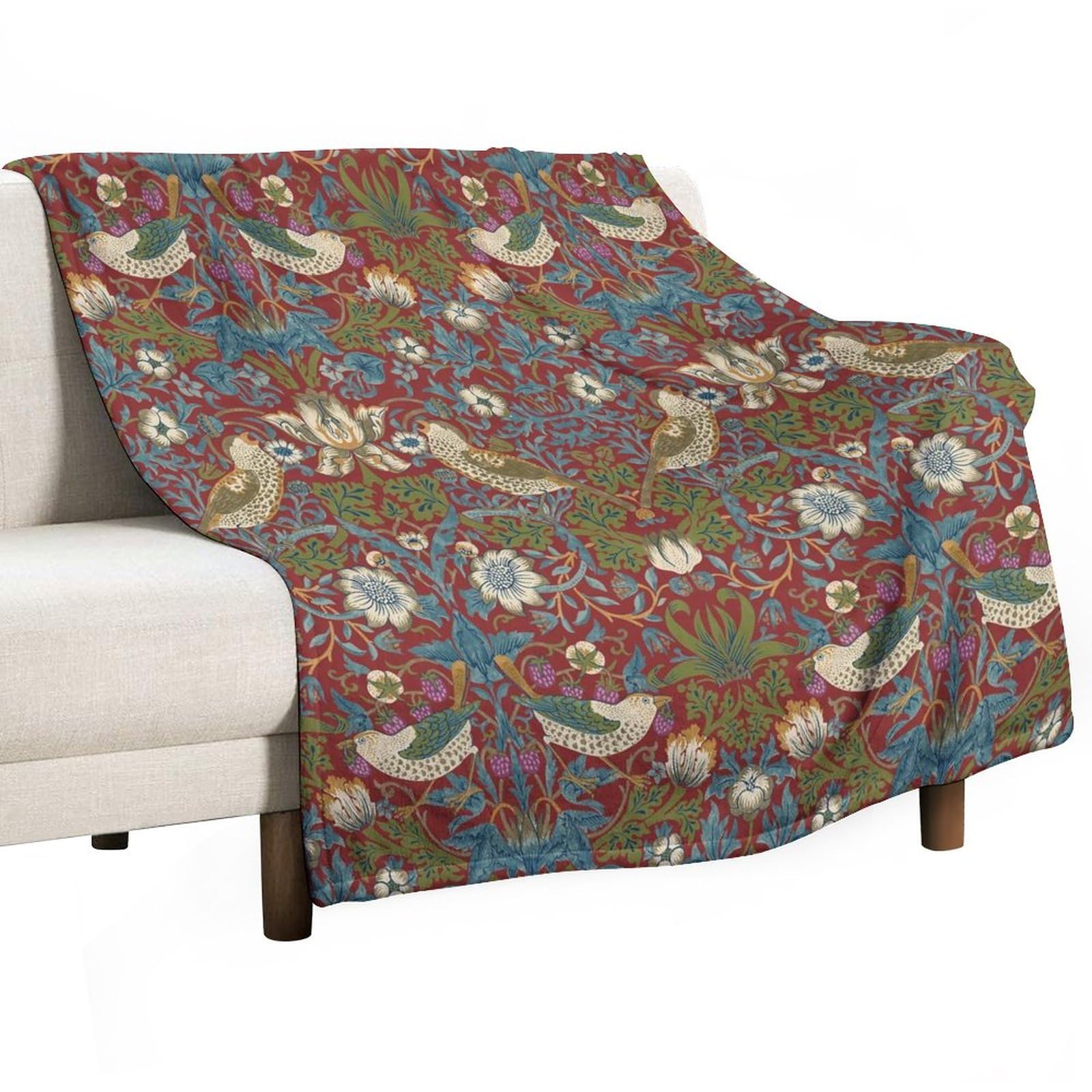 ATOurDealss William Morris Retro Floral Flannel Blankets, Vintage Flower Strawberry Birds Boho Botanical Plant Throw Bed Blanket for Bed 60"x80"