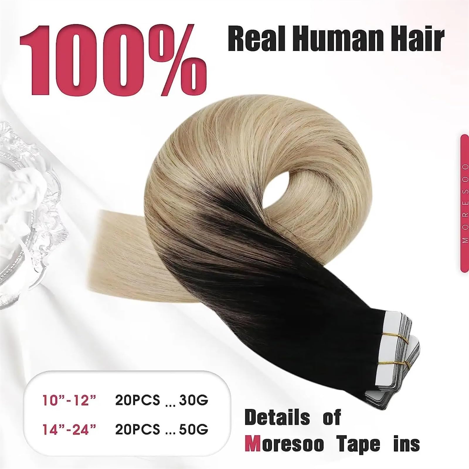 Kobiety Blond Przedłużanie Włosów Ludzkich Włosów Czarny Ombre na Popiół Mix Z Platinum Blond Wstążka Remy Prosta Taśma W 12-24 cal Przedłużanie Włosów(40 szt,24 Inchy)