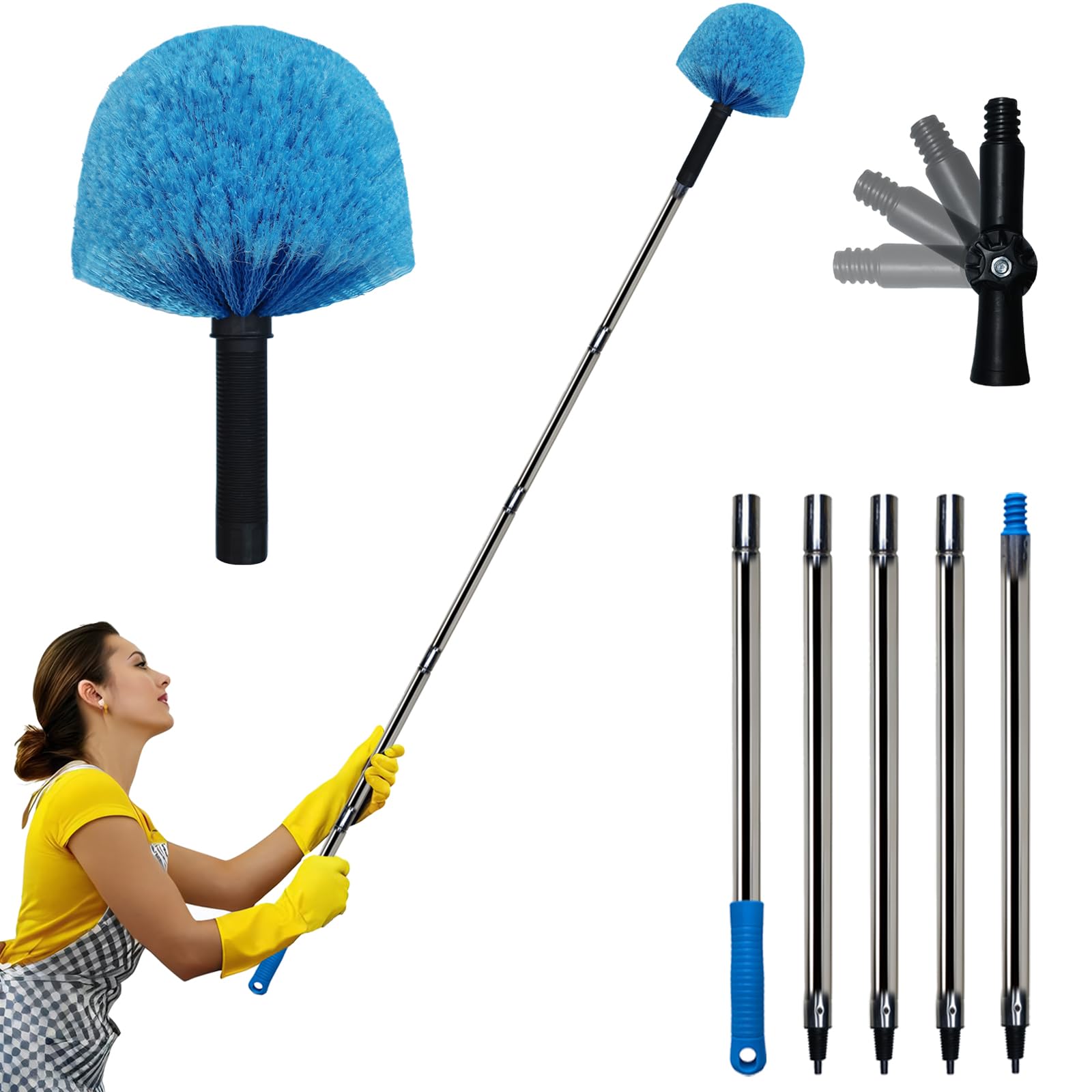 6 Ft Duster, Cobweb Duster with Extension Pole, Medium Stiff Bristles Cobweb Duster Head & 6-Feet Stainless Steel Pole Ceiling Fan Duster with Universal Joint for Outdoor Indoor Cleaning