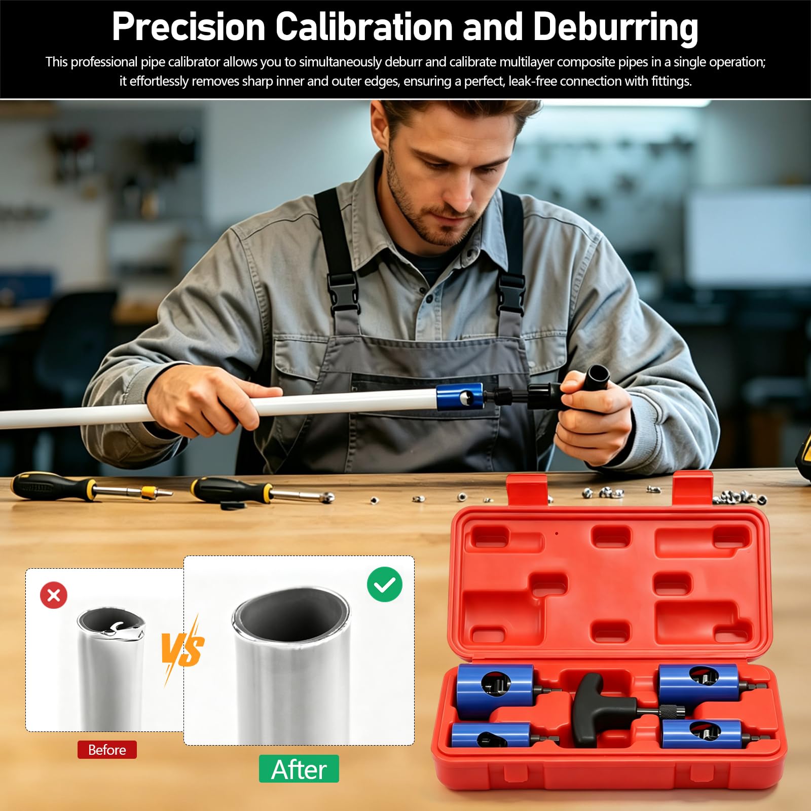 Kit Svasatore Calibratore Multistrato, Bussola Svasatore Calibratore Ø16-32 mm Calibratore Interno e Esterno Set Sbavatubo con Valigetta e 4 Testine per Rifiniture Impianti Idraulici