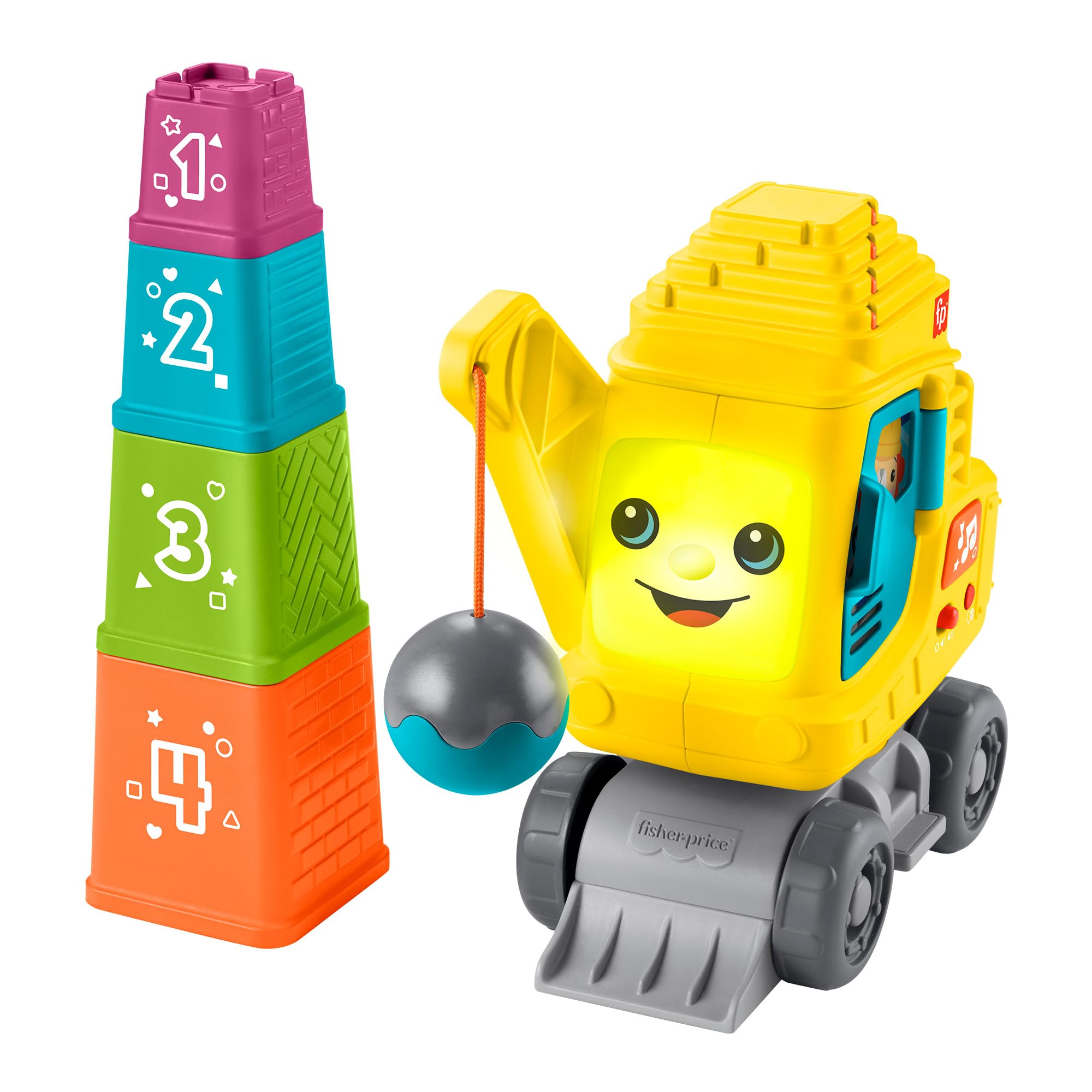 Fisher-Price Baby & Toddler Learning Toy Count & Stack Crane with Blocks, Lights, Music & Sounds for Infants Ages 9+ Months, English, UK + French + German, Version, HXF48
