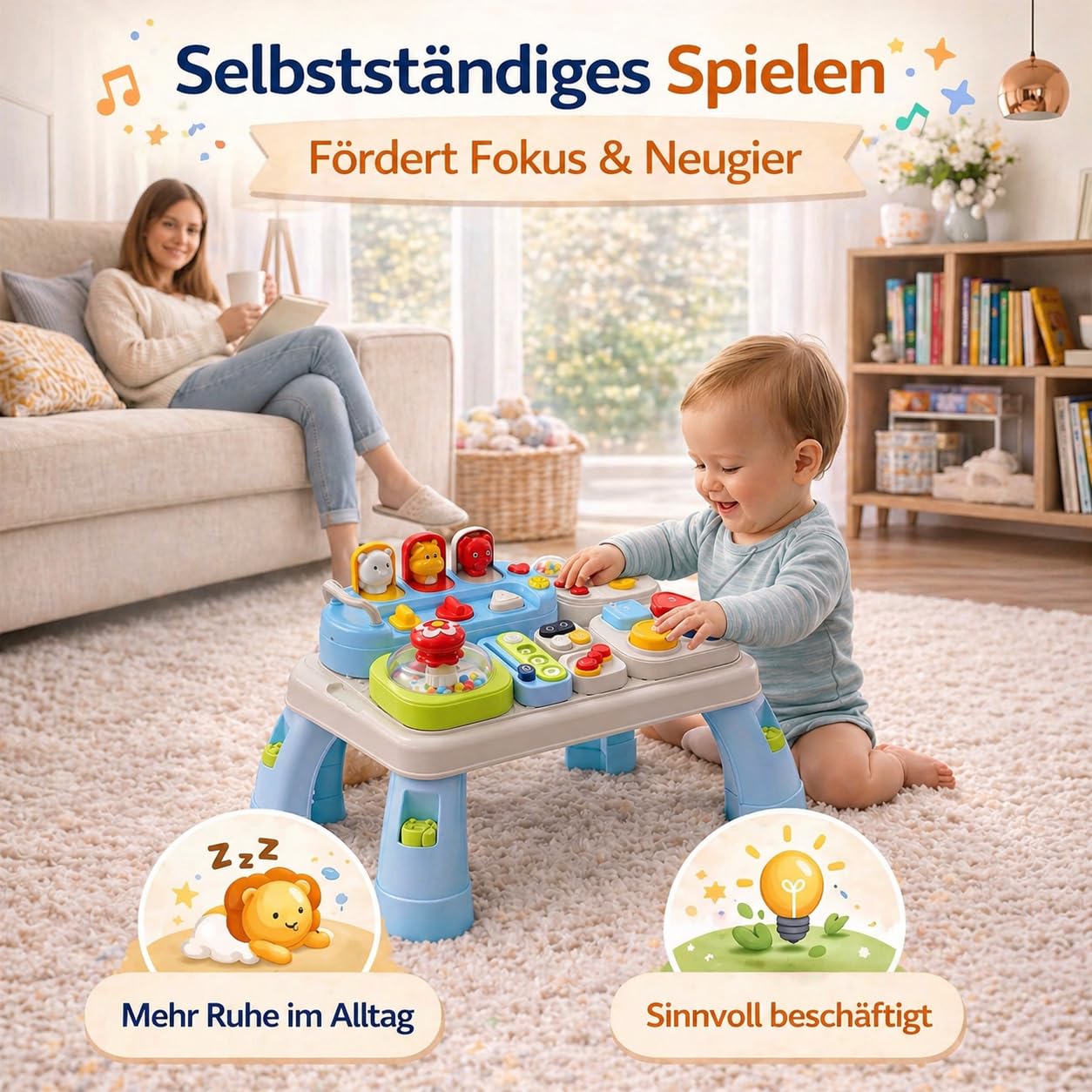 AMAYO - Baby Aktivitätstisch Montessori ab 9-36 Monate – Interaktiver Babys Entdeckertisch Spieltisch mit Motorikspielzeug, Musik & Lernspielen – Lernspielzeug oder Geschenk für Babys & Kleinkinder