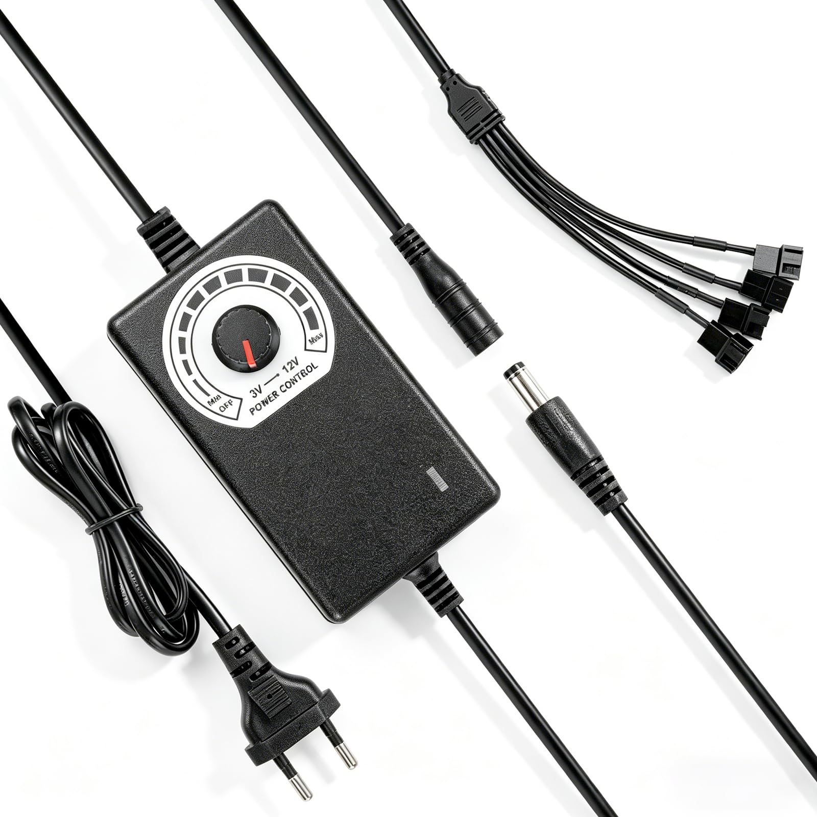 4 Pin PWM Controlador de ventilador + fuente de alimentación de 12V, módulo de control de velocidad de ventilador PWM de 12V, velocidad del viento ajustable de 3 V a 12 V, conector DC a 4 x 3/4