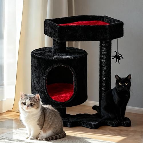 BEWISHOME Cat Tree Tower, Gothic Cat Tree with Coffin Bed, Halloween Gothic Cat House with Scratching Posts, Spider Toy, Cat Condo for Kittens, Black and Red Small MMJ93R