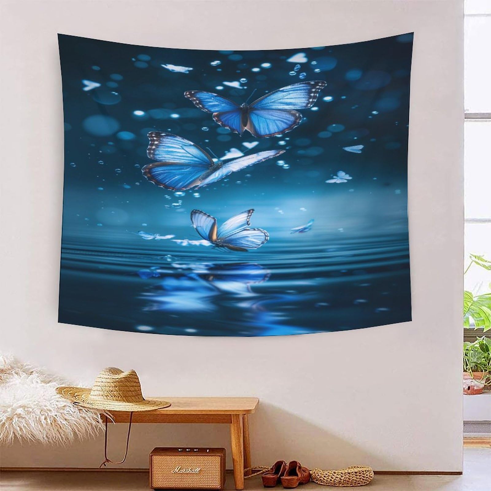Tenture murale papillons bleus 3D grand format drap de décoration pour salon