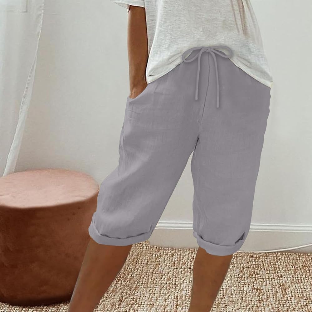 Bermuda Shorts for Women Cotton Linen Shorts Casual Elastic