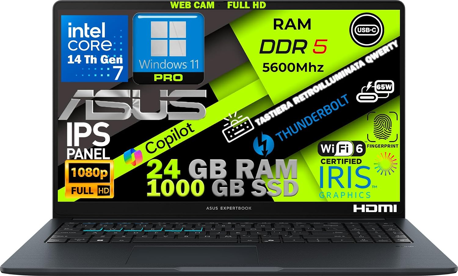 ASUS ExpertBook 15.6″ Intel Core 7-150U14ª Gen 10-Core Notebook fino a 5GHz, 24GB RAM DDR5, 1TB SSD, Win11 Pro, WiFi6E, Thunderbolt, HDMI, tastiera retroilluminata, QWERTY, impronta digitale