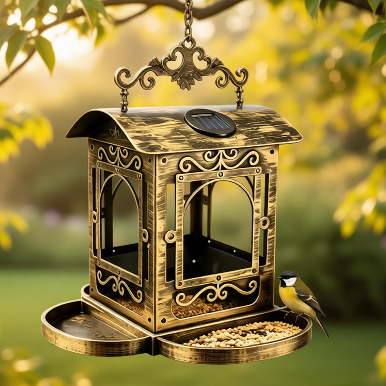Mangiatoia per uccelli solare in stile Copper House per uso esterno in qualsiasi stagione Mangiatoia per uccelli da giardino