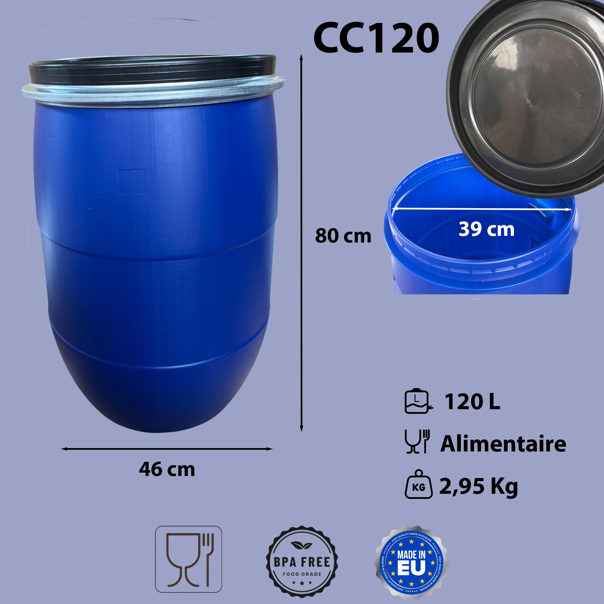 Fut plastique 120 Litres avec Couvercle Hermétique et Poignées - Bidon Ouverture Totale, Conteneur de Stockage Solide pour Liquides, Solides, Déchets