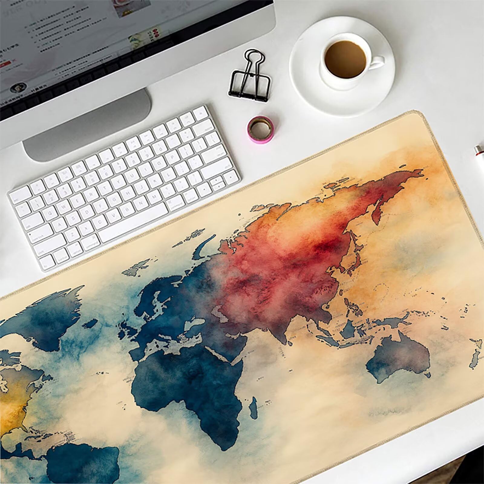 Tappetino Mouse XXL Mappa Del Mondo, Tappetino Mouse 1600x800x3mm, Mousepad Gaming con Bordi Cuciti, Sottomano Scrivania Grande, Accessori Gaming, Accessori Scrivania, per Gamer Ufficio PC, Blu 0-3577