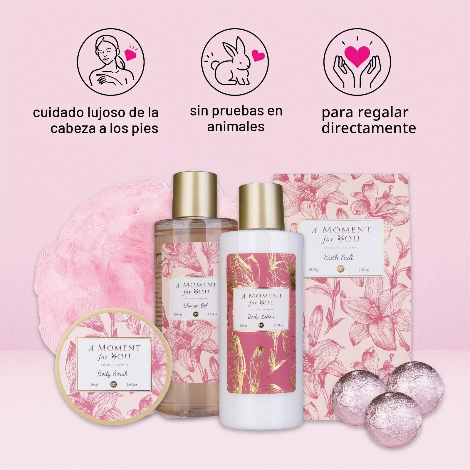accentra - Set Regalo Mujer Un momento para ti Fragancia Jazmín - Set de belleza de lujo con gel de ducha, sales de baño, loción corporal y mucho más. - Para mujeres con bomba de cerámica de purpurina