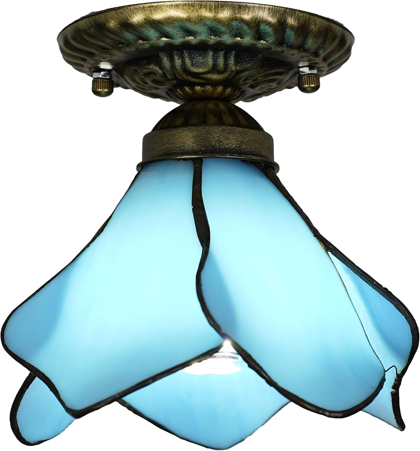 Tiffany Style Ceiling Lighting Fixtures, Antique Flower Flush Mount Ceiling Light, Stained Glass Light for Hallway Bedroom in Blue