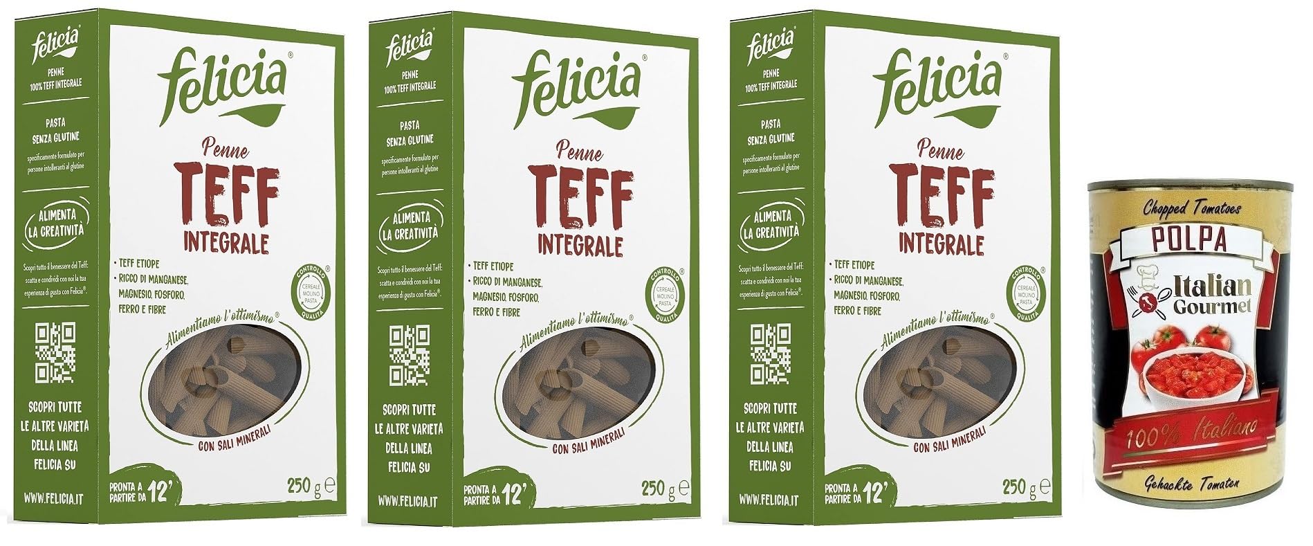 3 x Felicia Penne di Teff Integrale,Pasta con 100% grano integral, auténtico sabor de la cocina etíope, paquete de 250 g + lata italiana gourmet Polpa di Pomodoro de 400 g