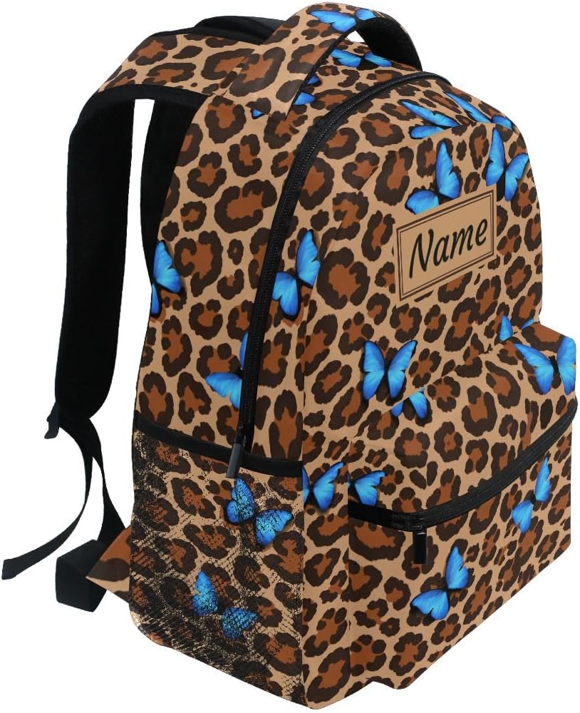 Blue Butterfly Leopard Cheetah Print Custom School Backpack for Boys Girls, Personalized Name Elementary School Bookbag Travel Bag Daypack