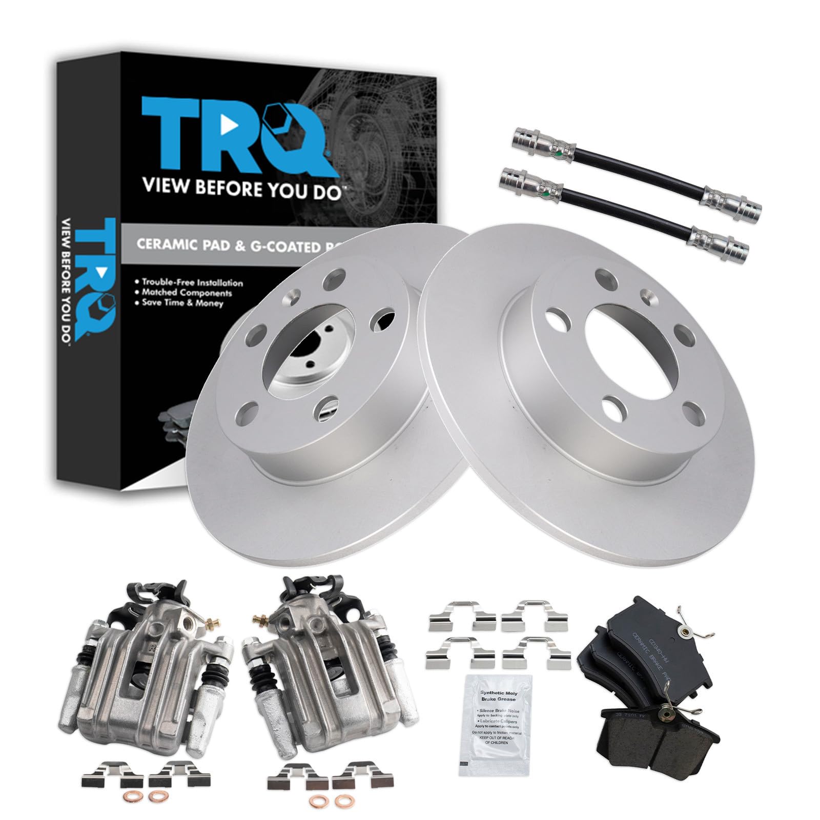 TRQ Rear Brake Pad and Rotor Set Ceramic G Coated Rotors Calipers Compatible with 2007-2010 Volkswagen Beetle 1999 Golf
