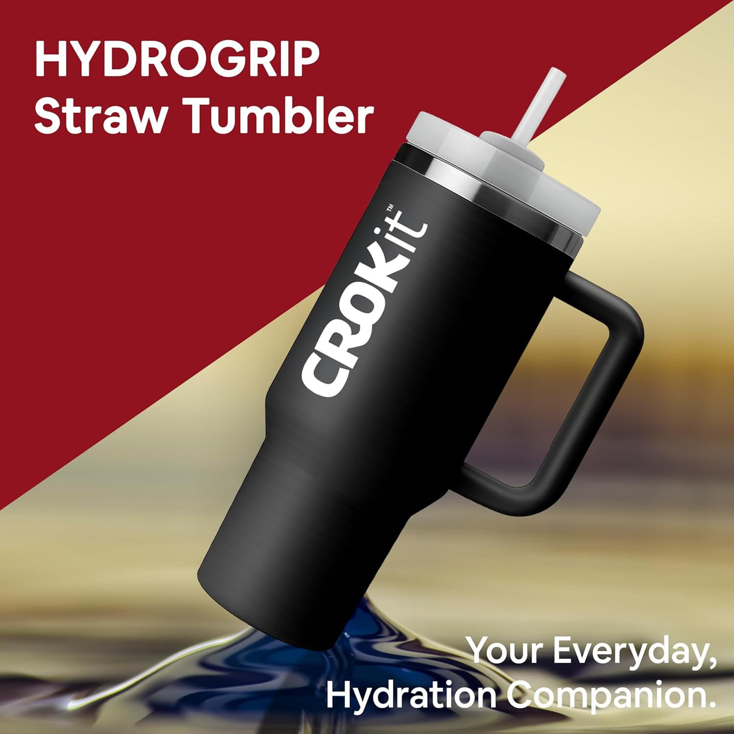 CROKIT HYDROGRIP Insulated Straw Tumbler – Stainless Steel Reusable Cup with Spill-Resistant Straw Lid – Double Wall Vacuum Insulated Iced Coffee Cup for Smoothies, Tea, Office, Gym & Daily Hydration
