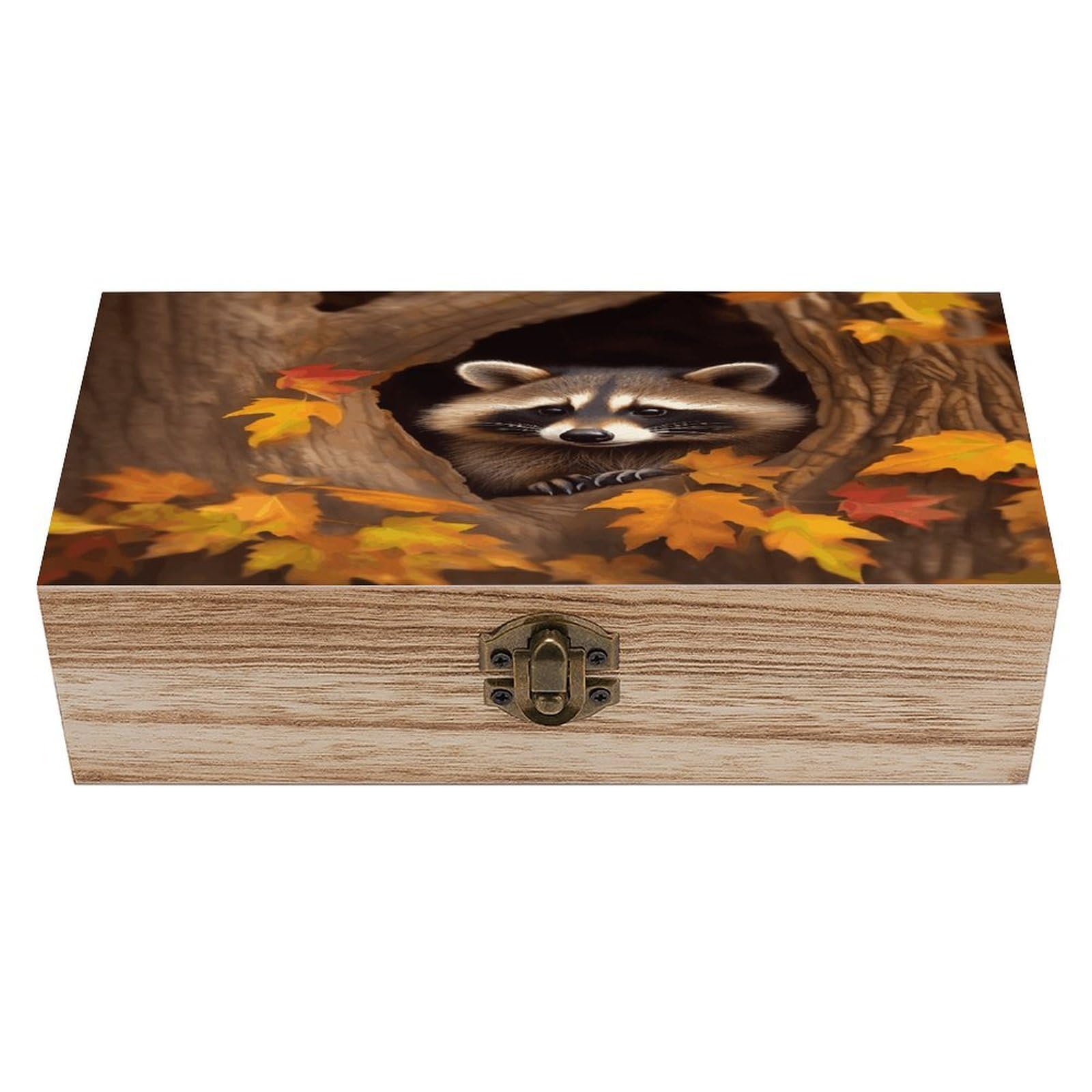 VstaDank Raccoon in The Fall Tree Hole Wooden Storage Box with Hinged Lid Natural Wooden Box Beautifully Keepsake Boxes Vintage Wood Boxes Jewelry Organizer Trinket Storage Chest Unique Gift