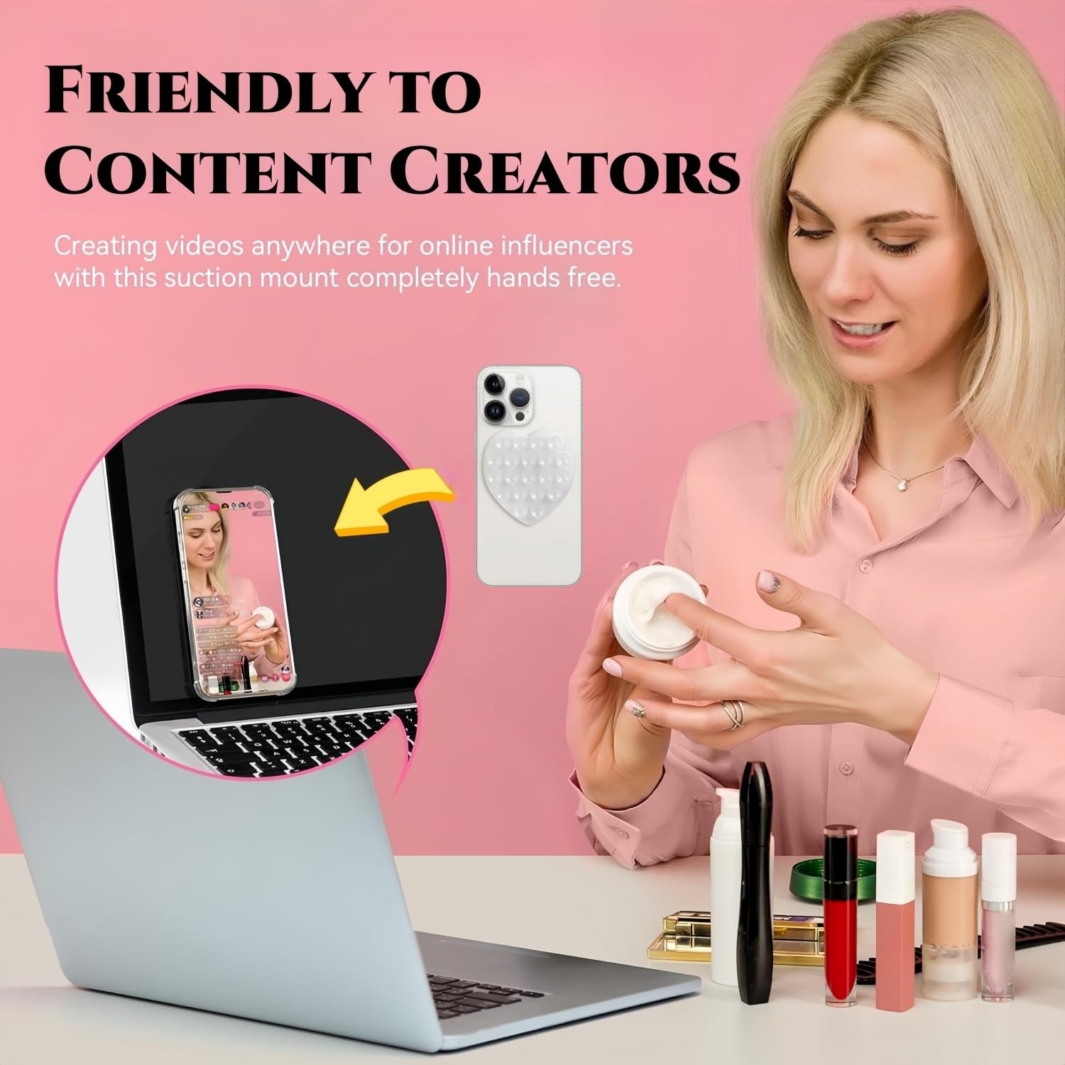 Soporte de teléfono con ventosa, accesorios para teléfono, soporte de agarre fuerte manos libres para selfies y videos, soporte de teléfono de ducha con espejo de agarre adhesivo (forma de amor,