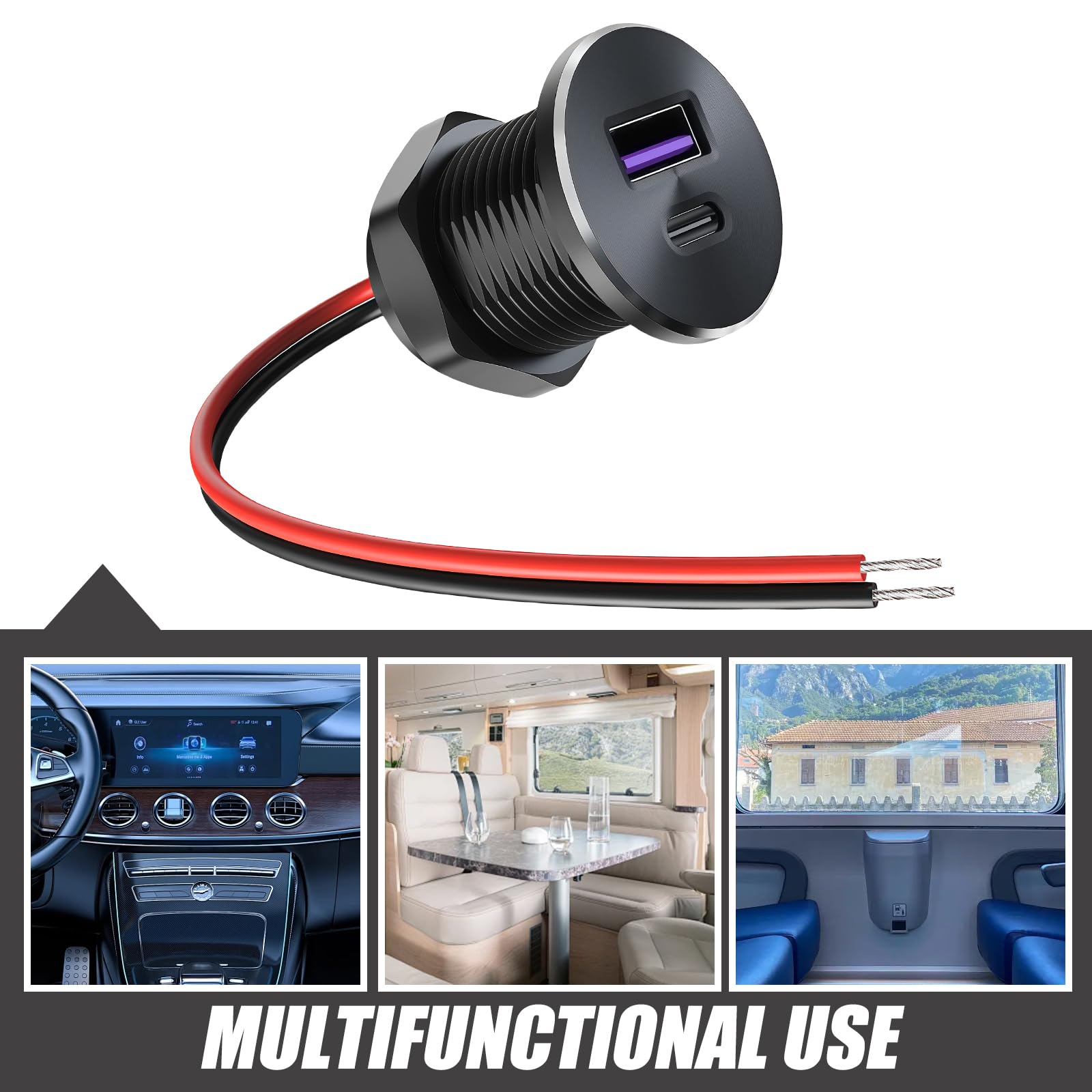 BAIFULAI 2 prese USB C da 12 V, in alluminio, 18 W, QC 3.0 et 30 W, PD 3.0, per auto, 12 Volt, caravan, caricatore rapido, yacht, presa USB, presa da incasso per roulotte, rimorchi, furgoni, barche