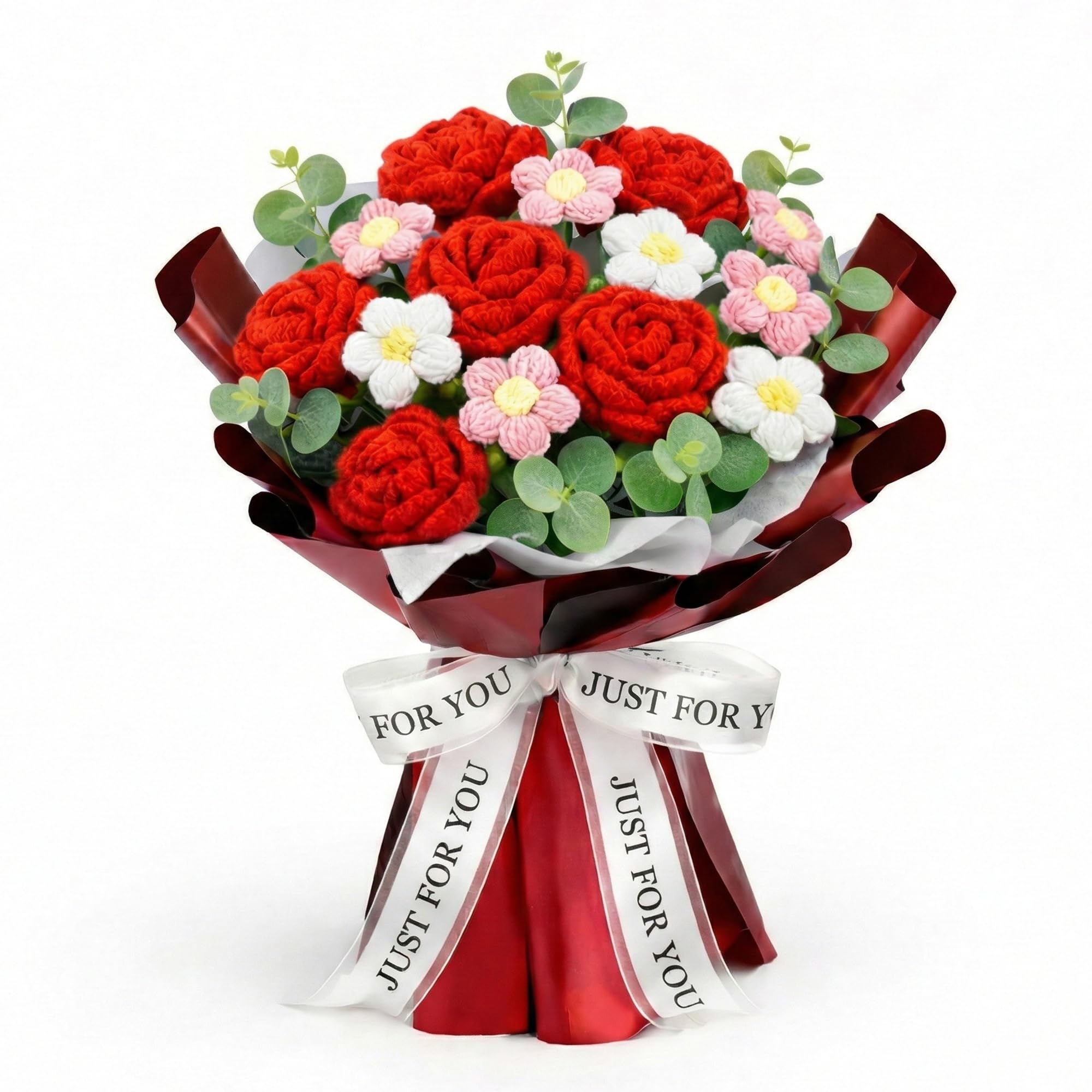 Print Maniacs Women's Red Handmade Crochet Flower Bouquet, Roses Knitted Flowers For Home Decor Valentine's Day Anniversary Weddings Birthday For Girlfriend Wife Mum Grandma