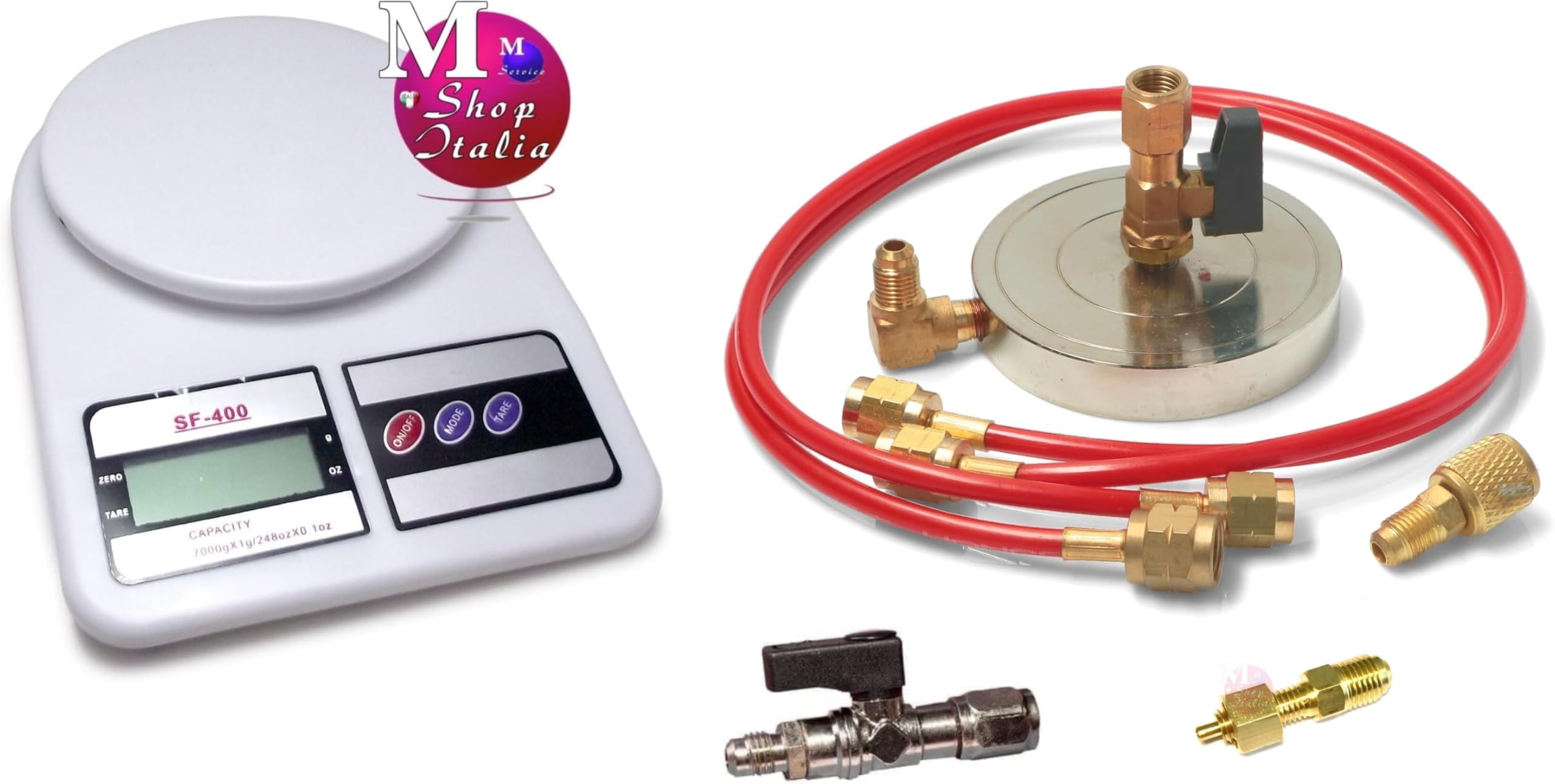 Kit complet de support pour bonbonne 1/4 et 5/16 R600a R290 R32 avec tuyaux et adaptateurs + balance 7kg max de précision avec une résolution de 1g.