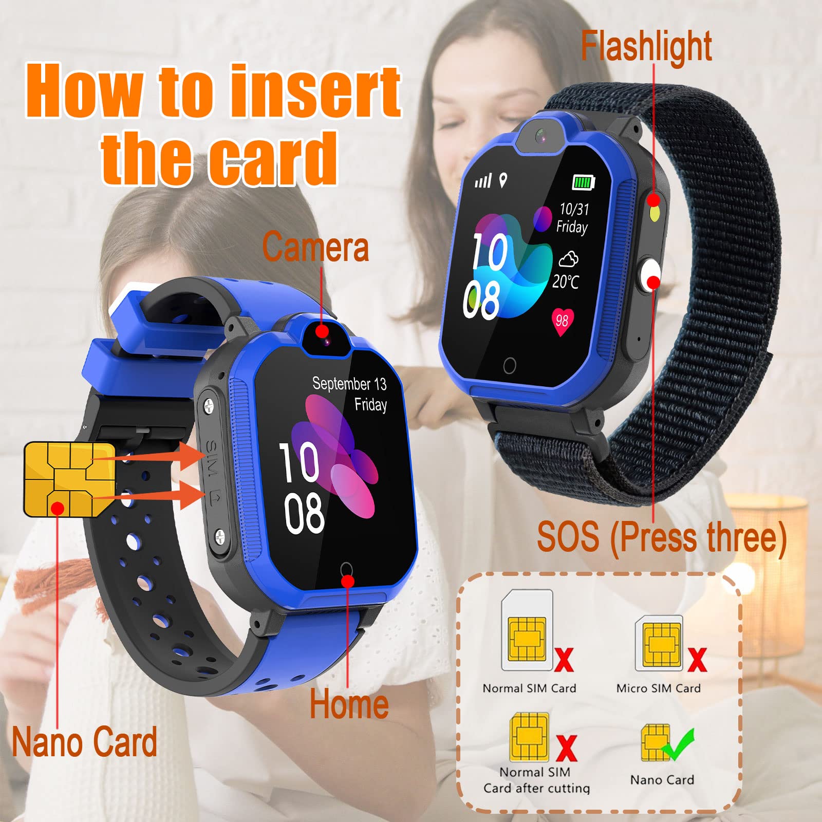 PTHTECHUS Montre Connectée Enfant 4G, Montre GPS Enfant avec Appel, Chat Vocal et Vidéo, Alarme, SOS, Appareil Photo, Podomètre, Mode Classe, WiFi, Music Watch pour 4-12 Garçons Filles